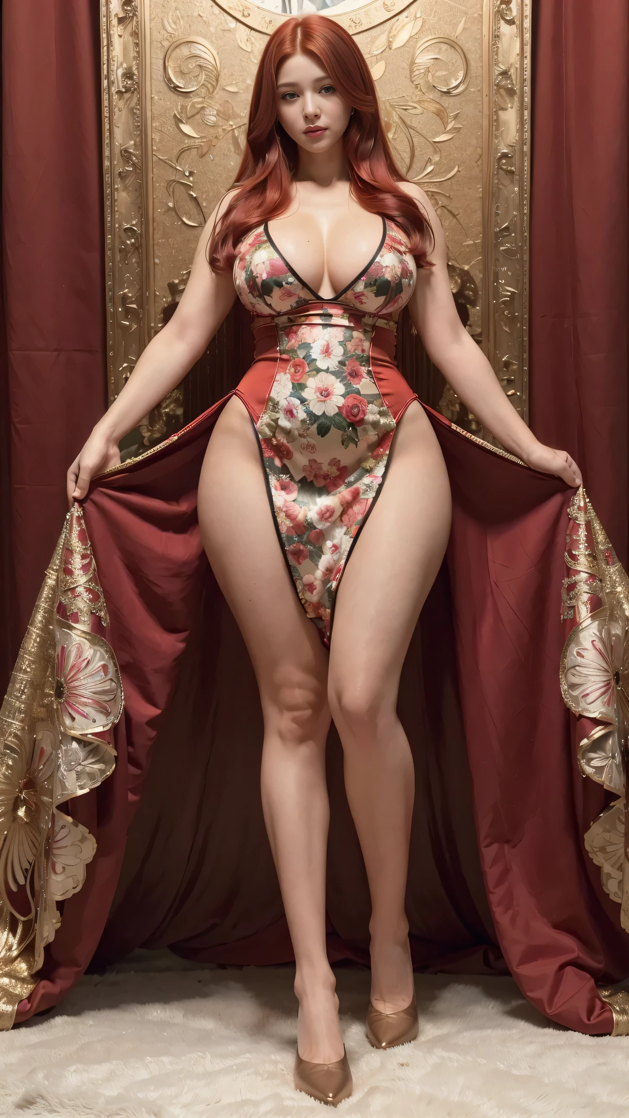 (best quality, ultra-detailed, realistic:1.37),portrait,voluptuous woman,flower,tight dress,passionate look,large buttocks,vibrant colors,soft lighting, standing, full body view, extreme tall, long legs, very tall, tall, exaggerated long legs, Caucasian face, red hair, very long hair.