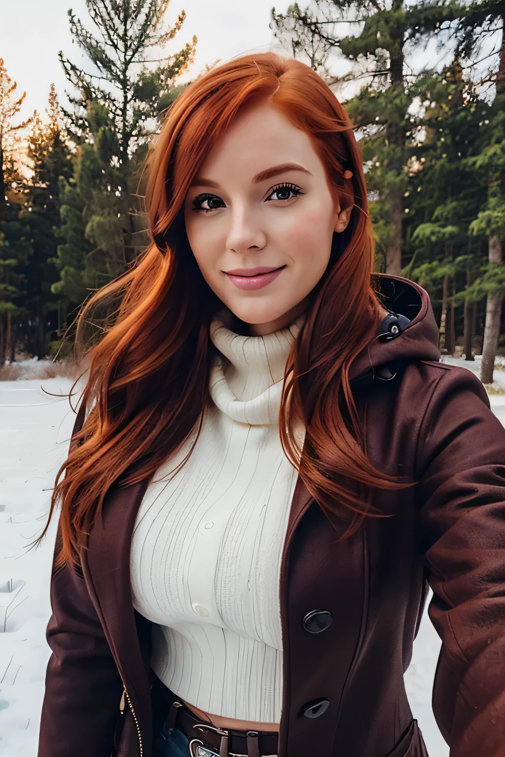 Masterpiece, (((24-year-old redhead girl with charm face, emerald green eyes, little smile))) soft natural light, (((focus on eyes))) (((hiking in the mountains with snow in black leather jacket))) entire body in frame (((detailde and realistic image, full-frame DSLR camera))) polarizing filter for light control (((Nikon D850 focal lens 50mm f/1.4 nice bokeh))) eyes are in sharp focus (((RAW, ISO 100))) (((nice middle boobs, long hair))) (((accurate hands, accurate eyes))) very detailde 8k HD high definition detailed realistic, skin detailed texture (((accurate female anatomy, perfect green eyes))) (((cinematic, photography)))