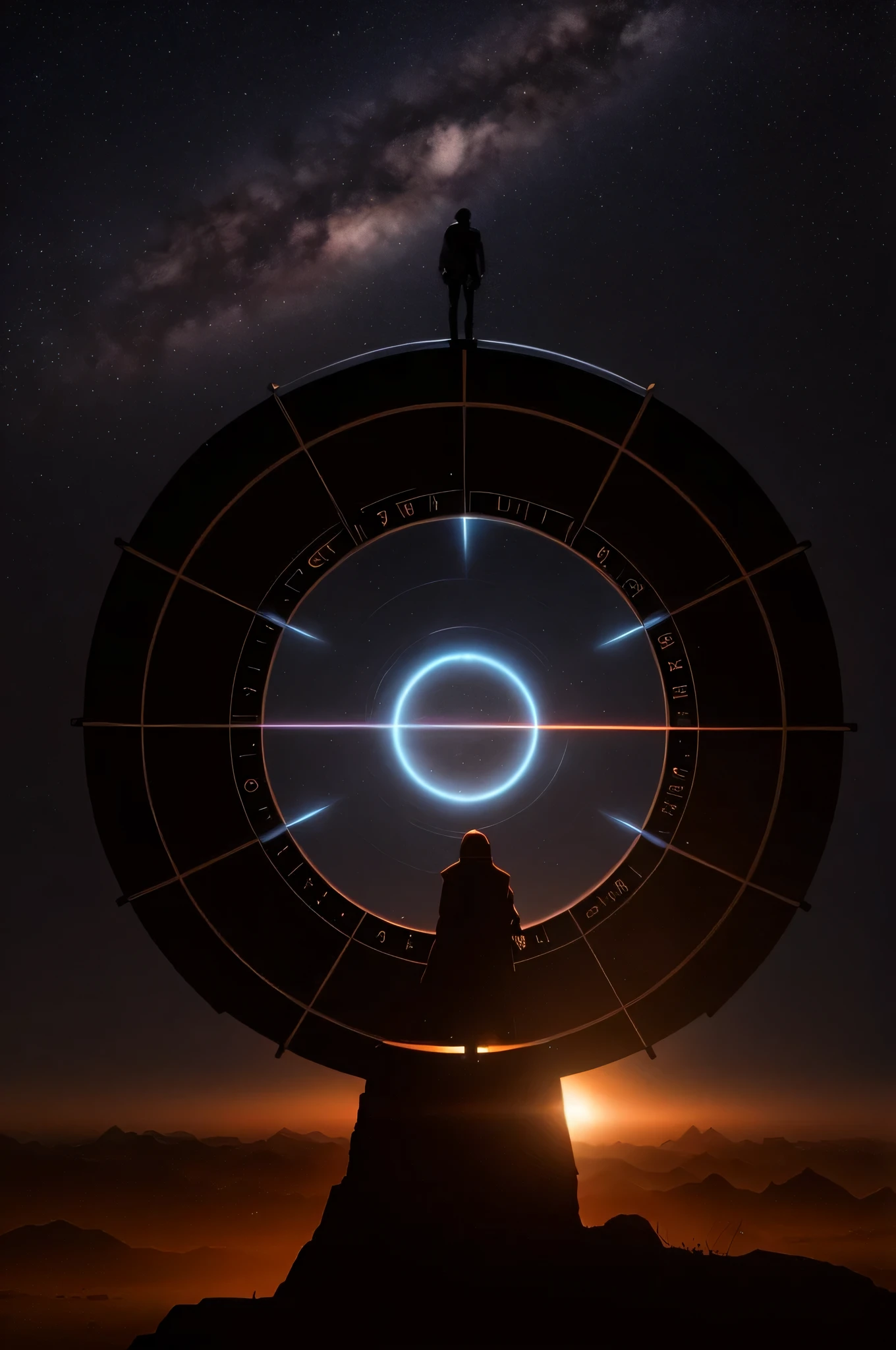 um homem em cima de um objeto grande com uma estrela ao fundo, quadro do filme a chegada, Stargate, Ainda de um Filmes de Ridley Scott, Danube (2021), por Christopher Balaskas, Universo Ridley Scott, Stargate standing in desert, in the 2 0 2 1 movie Danube, highly cinematic, chegada ( Filmes )