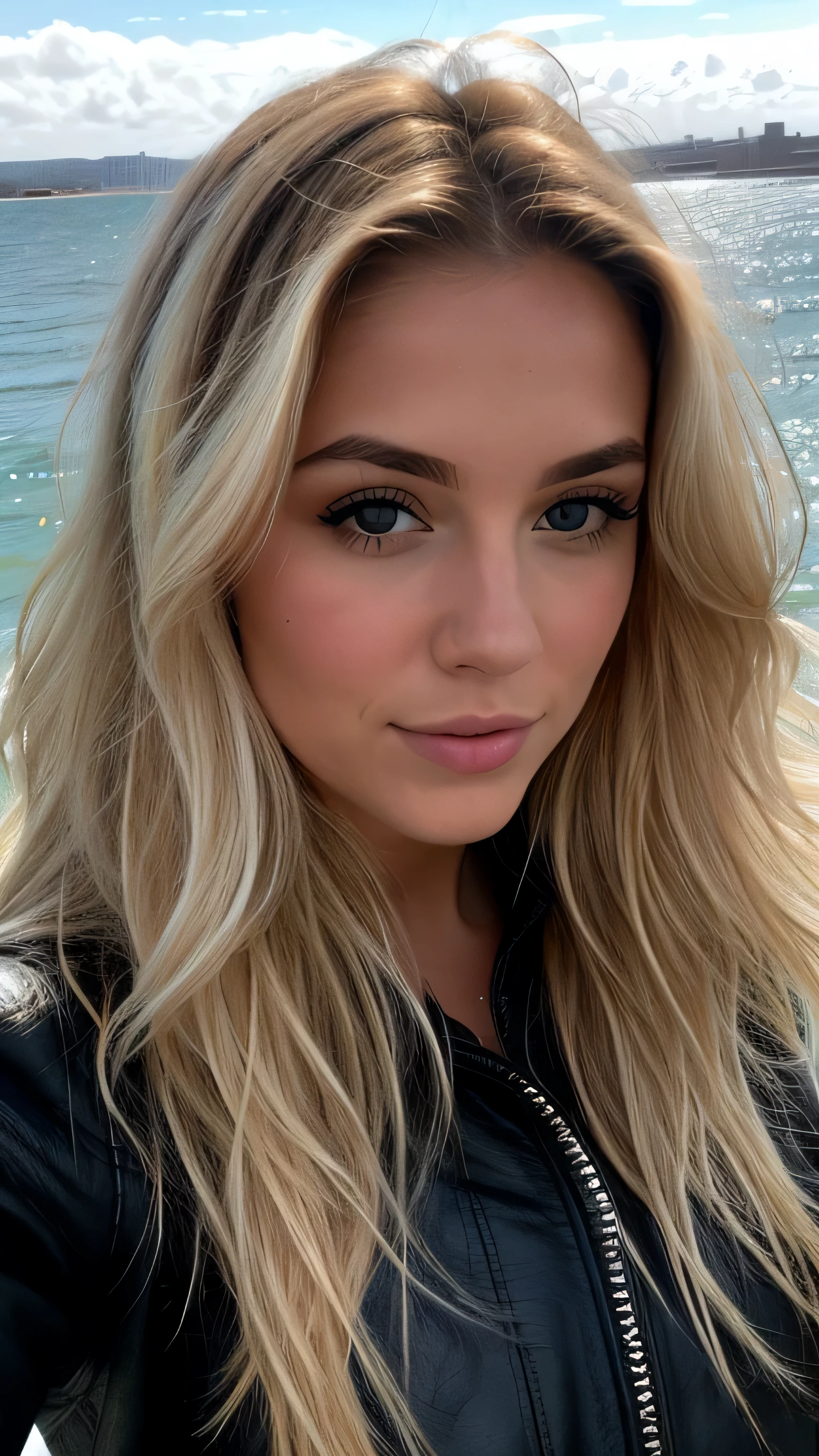 une femme blonde de 23 ans prend un selfie en plein air au soleil, the sea completely covers the bottom, we see the sea in the background, 50mm f/2.8, Photorealism, Blonde Hair with Light Brown Roots, cheveux blond, Cheveux avec des racines brunes, Very long hair, yeux bleus, belle femme, vue de face, Extreme close-up of the face, zoom sur le visage, un blouson d'hiver noir en cuir, high quality, selfie, profondeur de champ courte