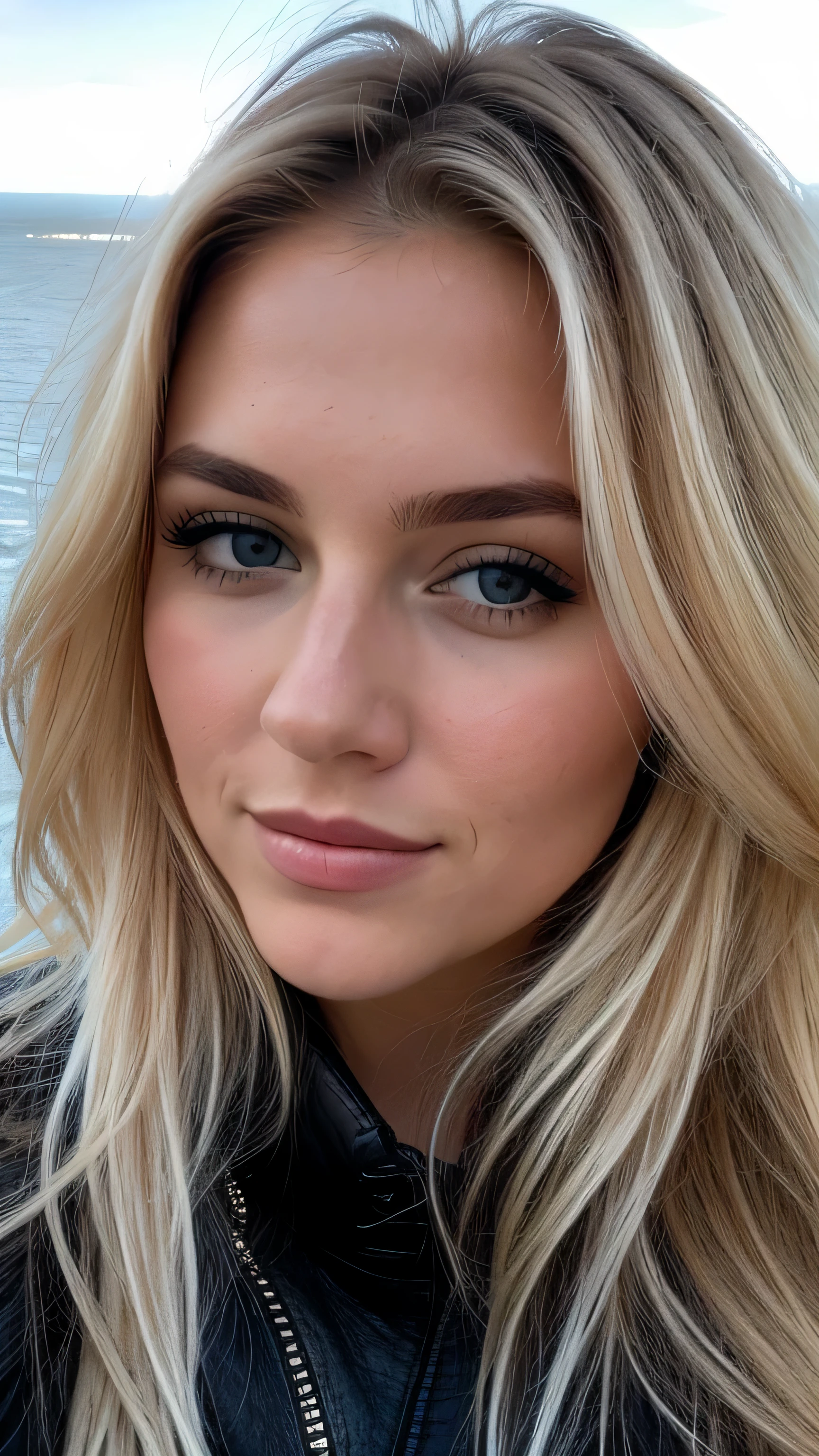 une femme blonde de 23 ans prend un selfie en plein air au soleil, the sea completely covers the bottom, we see the sea in the background, 50mm f/2.8, Photorealism, Blonde Hair with Light Brown Roots, cheveux blond, Cheveux avec des racines brunes, Very long hair, yeux bleus, belle femme, vue de face, Extreme close-up of the face, zoom sur le visage, un blouson d'hiver noir en cuir, high quality, selfie, profondeur de champ courte