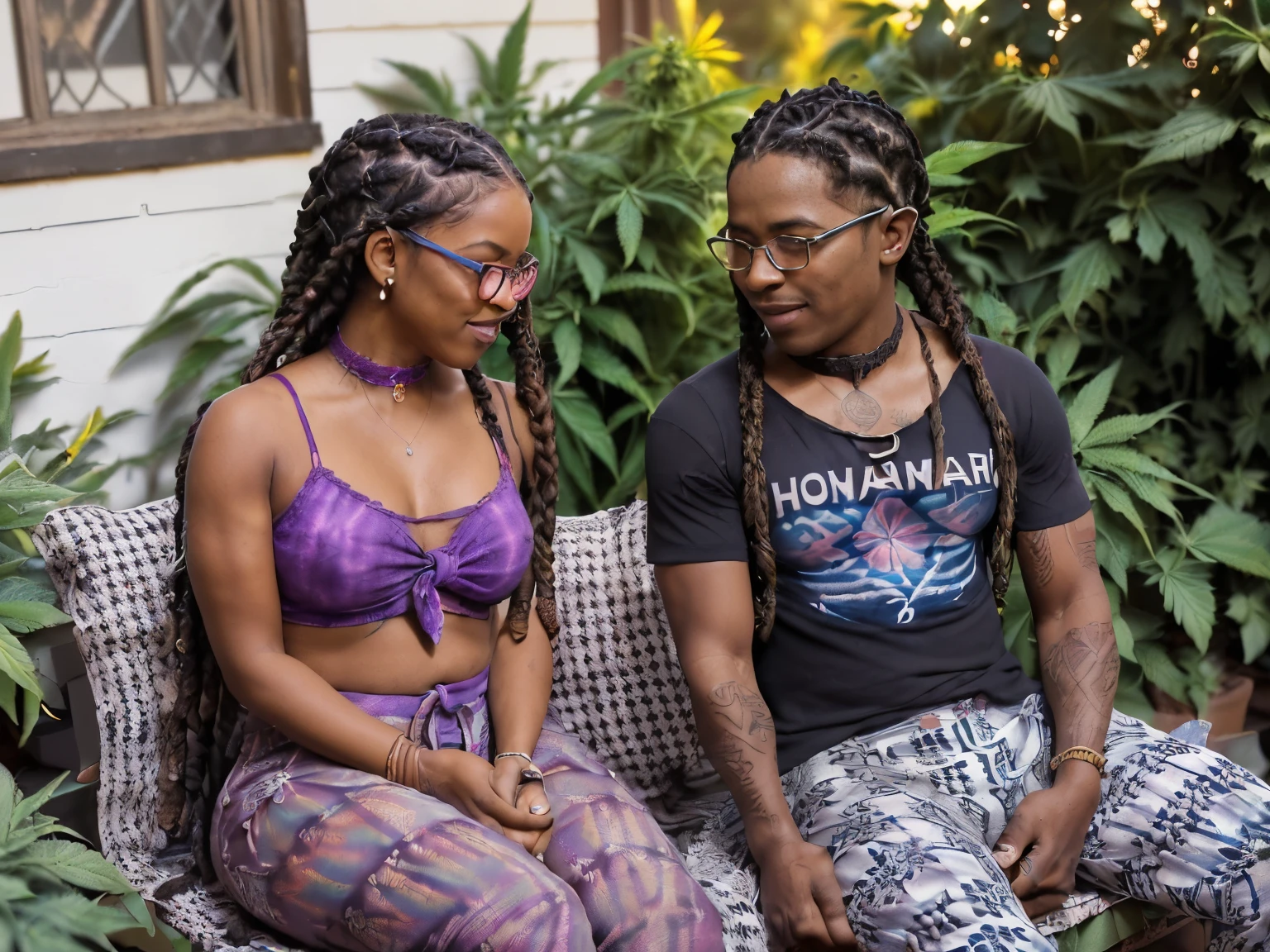 Photo of two people in love spending a quiet morning together, {((joyful ((lithe short ((dark-skinned Honduran)) punk girl with long freeform braided locs hairstyle and hairy legs)) (wearing cropped punk T-shirt and pleated skirt with fishnet stockings), plump thighs and soft big jiggly butt, (wearing diamond choker necklace), (cannabis flower tattoos on arms and legs), plump legs spread apart}, girl  sitting next to a ((cheerful tanned Haitian Dominican boy with long braided hair and glasses wearing colorful shirt with black jeans)) in middle of garden rolling up herbal joint while peacefully observing the sunrise, high quality photo, sitting quietly (with many cannabis sativa plants and juniper shrubs in garden during foggy sunrise)