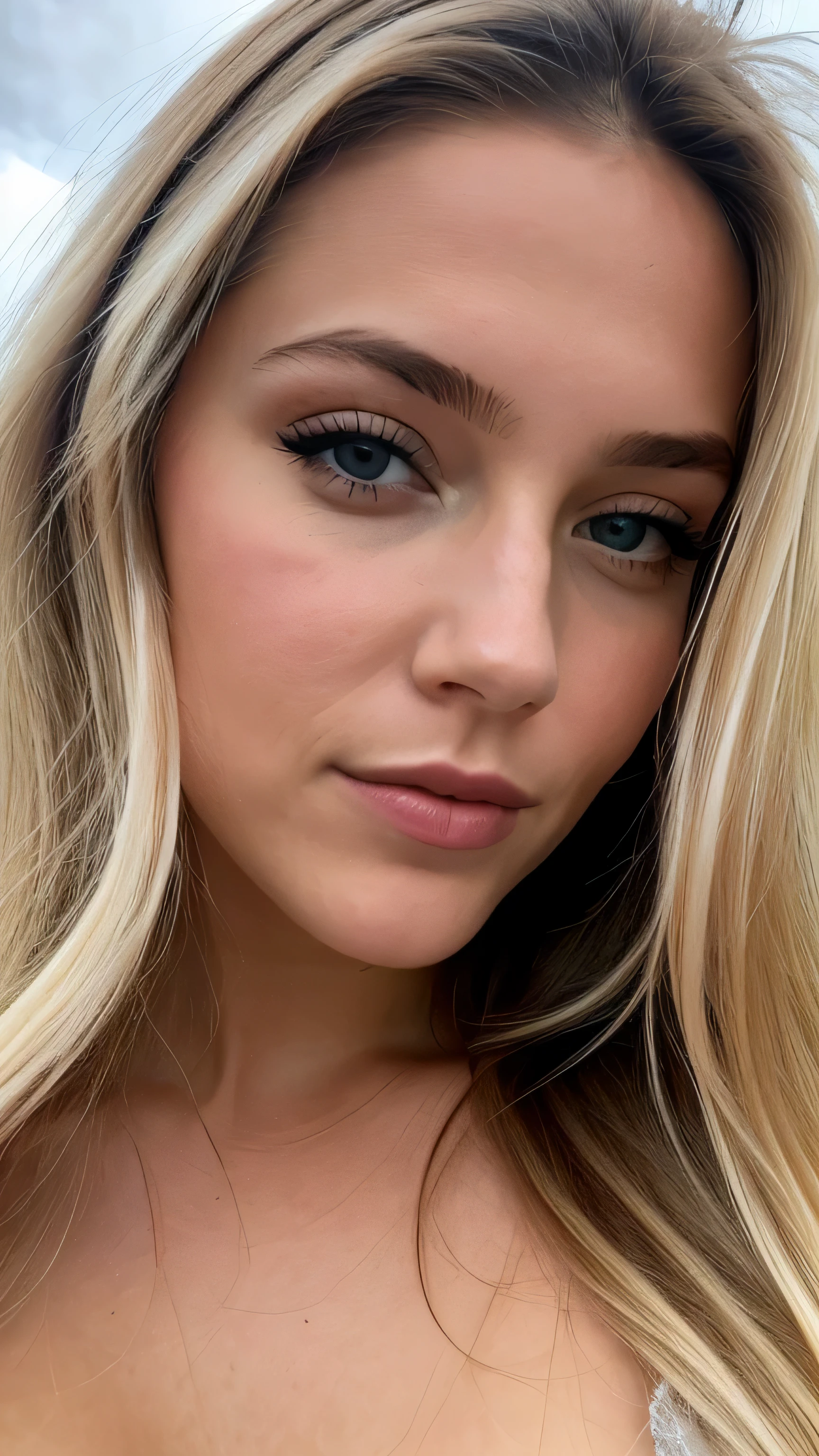 une femme blonde de 23 ans prend un selfie en plein air au soleil, the sea completely covers the bottom, we see the sea in the background, 50mm f/2.8, Photorealism, Blonde Hair with Light Brown Roots, cheveux blond, Cheveux avec des racines brunes, Very long hair, yeux bleus, belle femme, vue de face, Extreme close-up of the face, zoom sur le visage, un blouson d'hiver noir en cuir, high quality, selfie, profondeur de champ courte