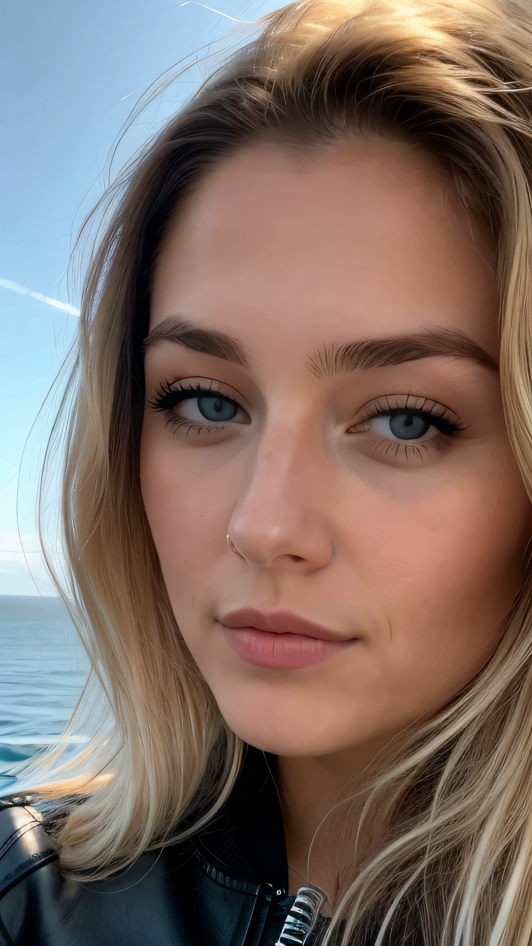 une femme blonde de 23 ans prend un selfie en plein air au soleil, the sea completely covers the bottom, we see the sea in the background, 50mm f/2.8, Photorealism, Blonde Hair with Light Brown Roots, cheveux blond, Cheveux avec des racines brunes, Very long hair, yeux bleus, belle femme, vue de face, Extreme close-up of the face, zoom sur le visage, un blouson d'hiver noir en cuir, high quality, selfie, profondeur de champ courte