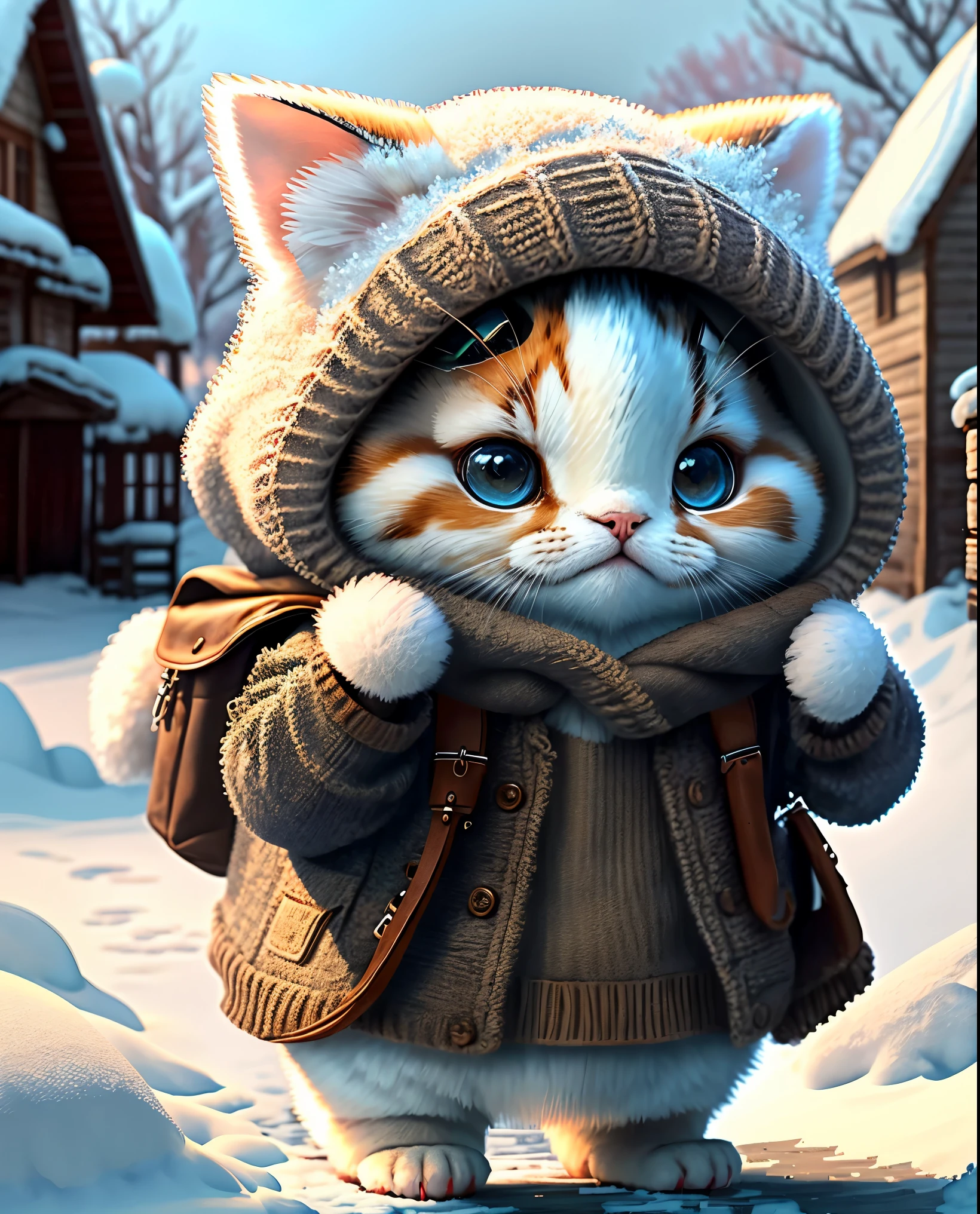 best image quality、"cute生き物の傑作を作成する.、（winter）American Shorthair, high detail, In 8K、best image quality、Dressed as an adventurer、Bogan in hand、Video Game Hero Costume、(((cute)))、