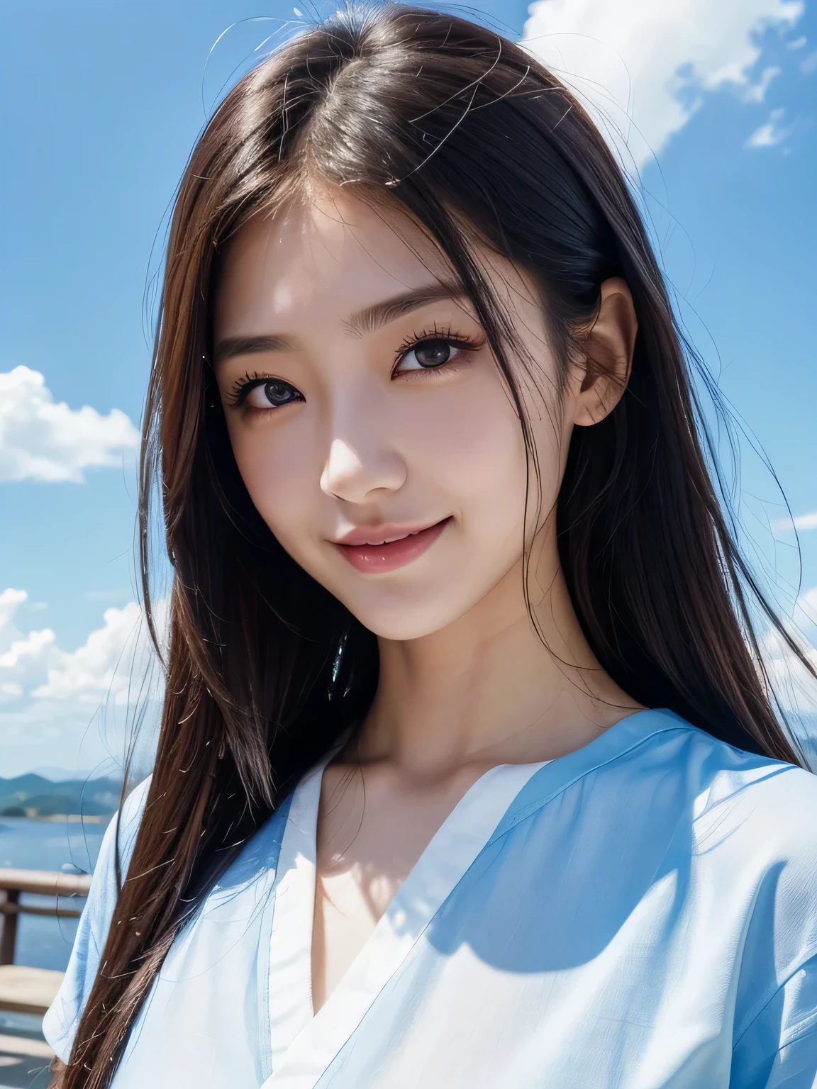 (masterpiece、High resolution、high quality)、(perfect woman、Realistic Japan)、(perfect anatomy、beautiful limbs、beautiful skin)、Fashion model appearance、double eyelid、flowing hair、Crystal clear black eyes、smile、blue sky、White cloud、sun、Fashionable shirts、