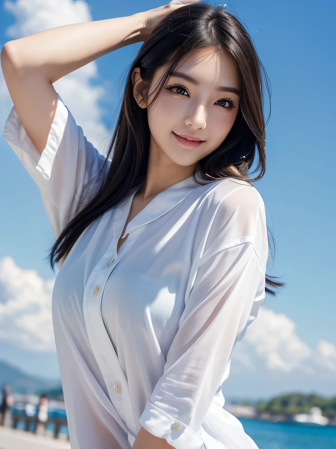 (Photorealistic: 1.4), Masterpiece, Ultra High Resolution, RAW Photo, Best Quality, (Open Smile: 4.0), (Big Smile: 1.5), (White Teeth: 2.0), (Sexy: 1.4), Raw Photo, 1 Beautiful Married Woman Japan 18 years old, Pure White Skin, (Cute: 3.0), (Eyes with Lowered Corners of the Eyes: 2.0), (Large, Round Eyes: 3.0), (Moisturized Eyes: 3.0), ( Upper eye on camera: 3.0), (eyebrows lowered into a figure eight: 2.0), blush, slender, (black short hair: 1.2), bangs down, shirt with breast line clearly protruding, shirt with open chest, (ultra short miniskirt: 1.4), (exposed thighs: 1.4), transparent crotch, panties,