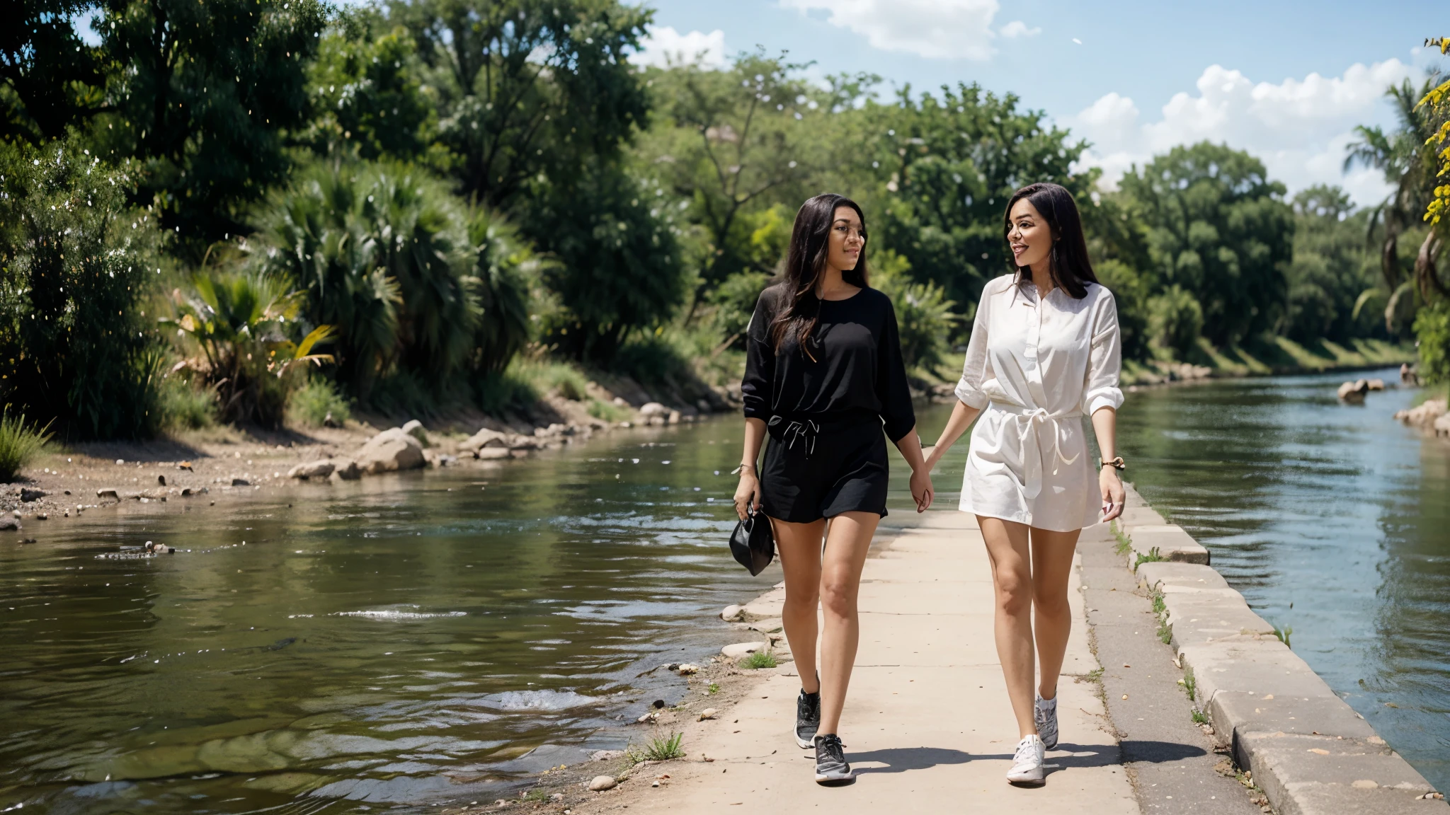 2 latinas walking by a river, one is mature