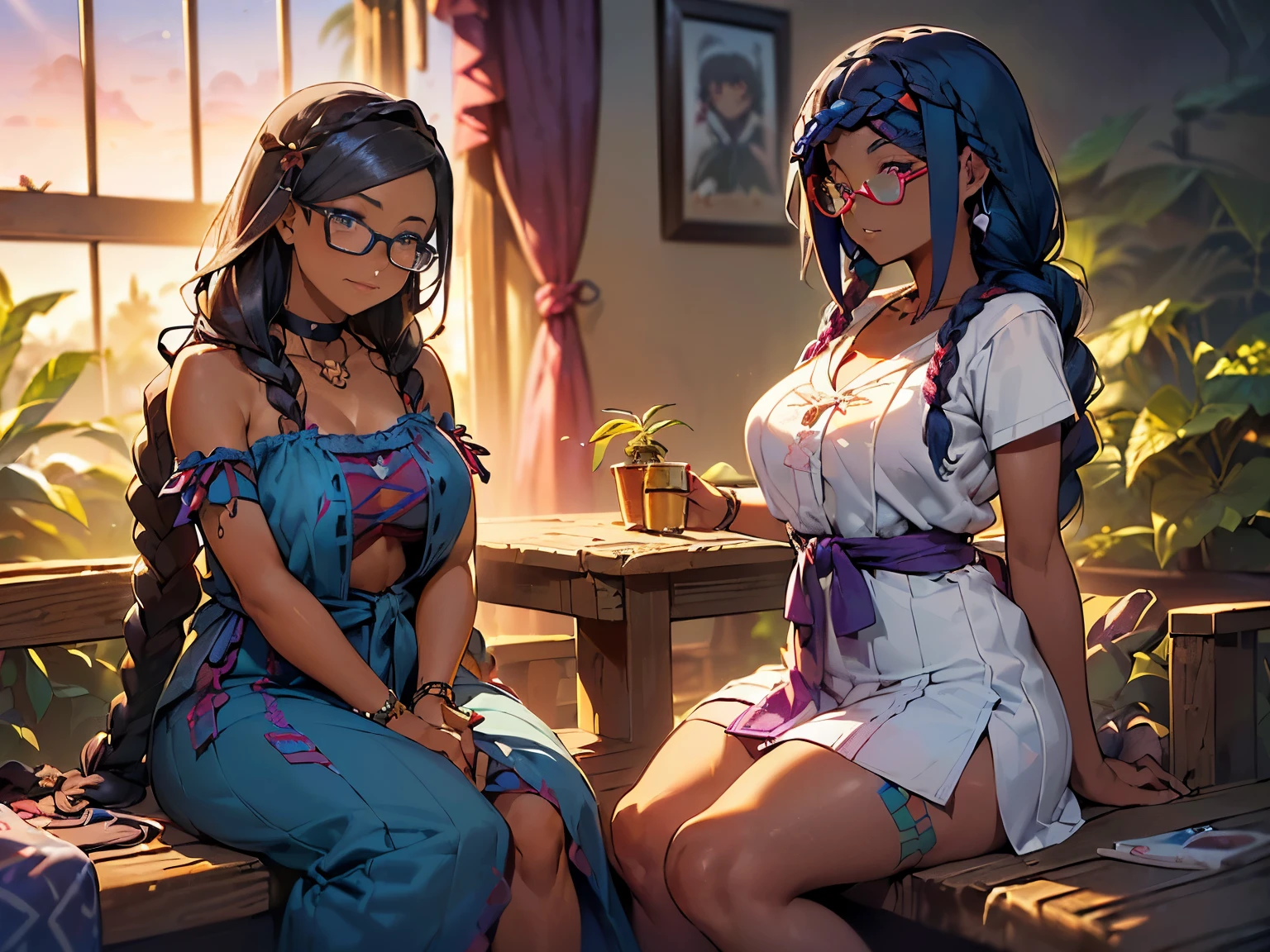 Photo of two loving people spending a quiet morning together enjoying moka pot brewed coffee, {((joyful ((lithe short ((dark-skinned Honduran)) punk girl with long freeform braided locs hairstyle)) (wearing tie-dyed punk sundress), plump thighs and soft big jiggly butt, (wearing amethyst choker necklace), (cannabis flower tattoos on arms and plump legs)} sitting next to a {((cheerful ((tanned Haitian Dominican boy)) with long braided hair and glasses wearing Onimusha-themed shirt with slim-fit hakama))} in middle of garden while peacefully observing the sunrise, high quality photo, sitting quietly (with many cannabis sativa plants and rose shrubs in garden during foggy sunrise)