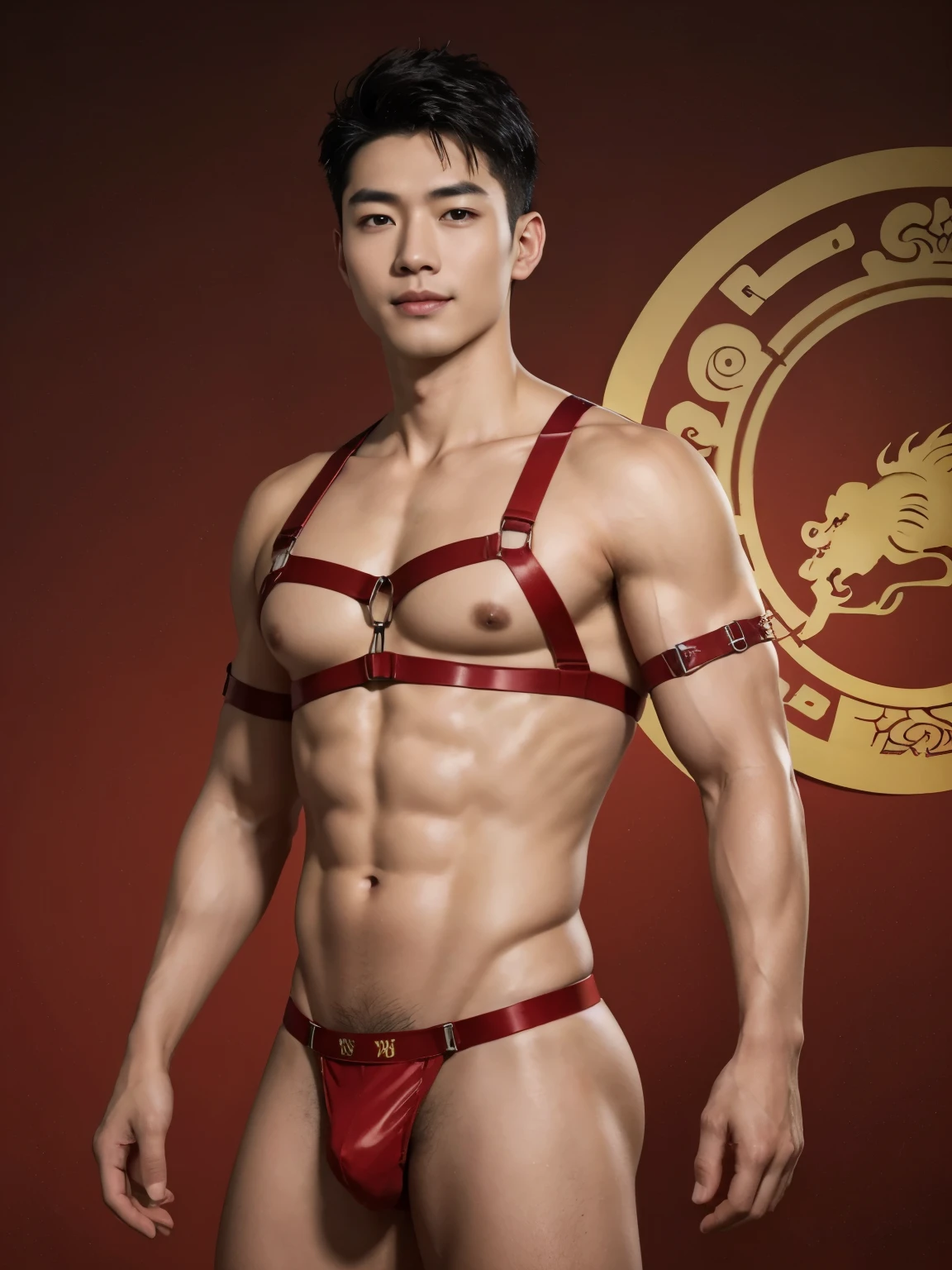 (photorealistic, masterpiece, best quality), handsome asian male, chinese man, smiling, young, slim athletic body, wearing nothing,kinky red chest harness, red garter straps, red Harness strap, red neck strap, athletic physique, slender, no body hair, wearing red micro thong,artistic and magical background, chinese mythology, chinese red lantern, Chinese dragon in the background, lunar new year inspired, reds and golds, fantasy art,