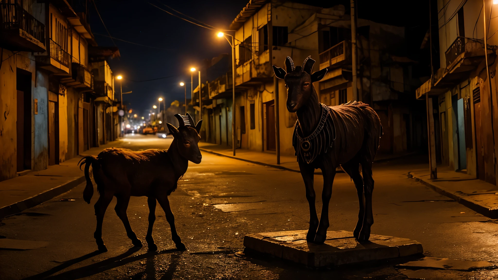 rusty iron statue of a goat with satanic eyes wandering at night through the streets of the Brazilian backlands.