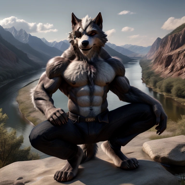 werewolf,male,adult,alone,4K,best quality,Best quality,looking at the audience,lie down,hairy feet,barefoot,No shoes,hairy body,Topless,No clothes on,bared  chest,Hairy chest,furry tail,slim body,chest muscles,chest muscles粉红乳头,Six-pack abs,anatomically correct,Delicate fur,pride,soft shadow,Majestic detailed face,High quality eyes,black eyes with red pupils,Sharp eyes,Wearing an eyepatch on the left eye,,Grandiose,Valiantary,Smile confidently,Strong,mature,jeans,trousers,river,valley,Blue sky and white clouds,The sun shines