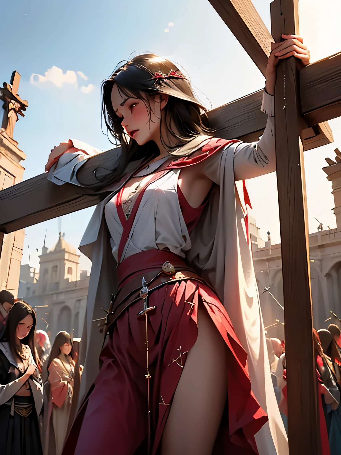 highest quality,masterpiece,8K,Beautiful woman,一人のBeautiful woman,((crucifixion)),cross,(execution),incontinence,Are crying,((crossにcrucifixionにされた女性:1.5))