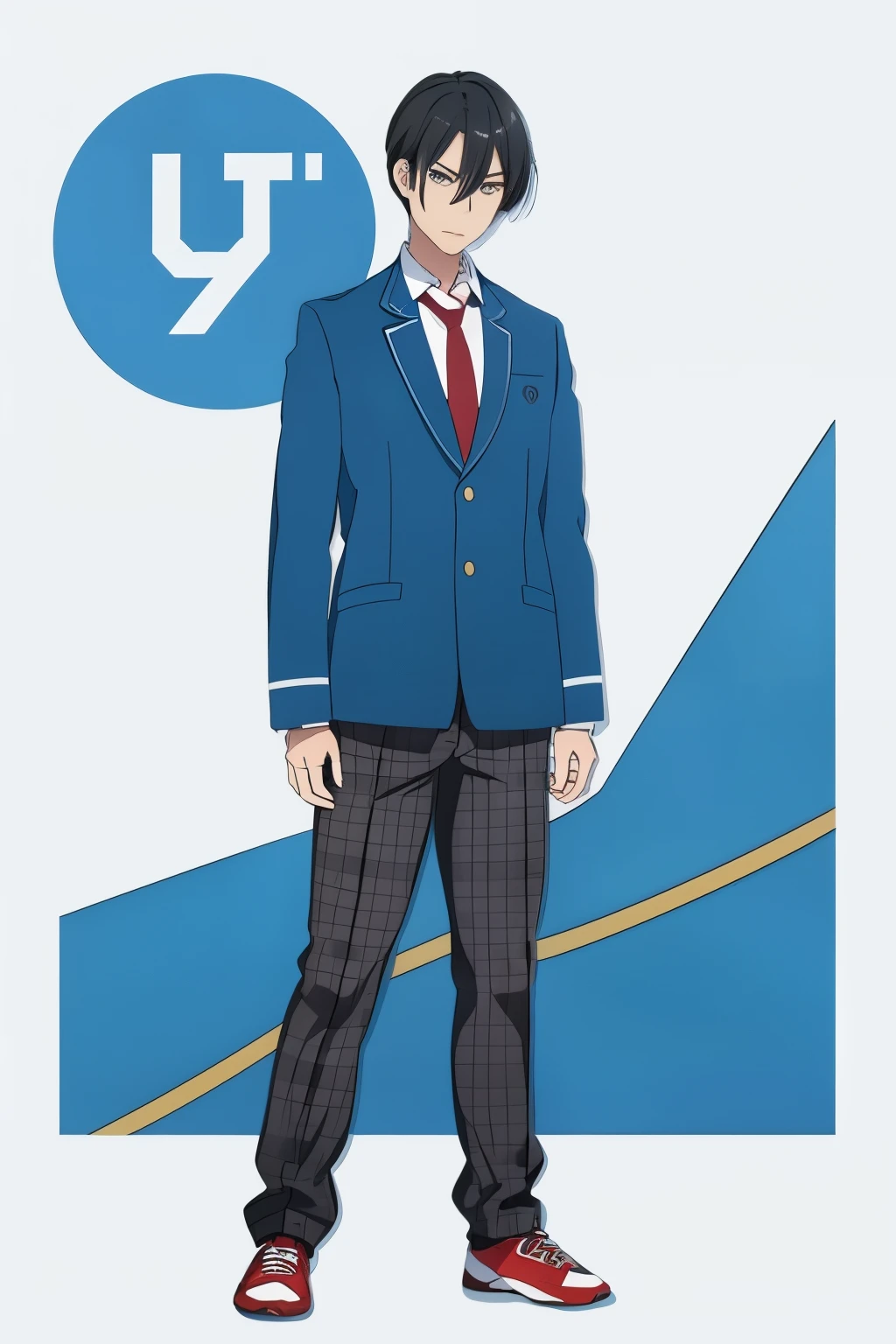 (no background、white background:1.4)、(Standing picture)、Japanese、10th generation male、1 person、 muscular、slender body、he has short black hair、 strong jaw line、he is wearing a school uniform, bad face、((whole body、stand))、sneakers、