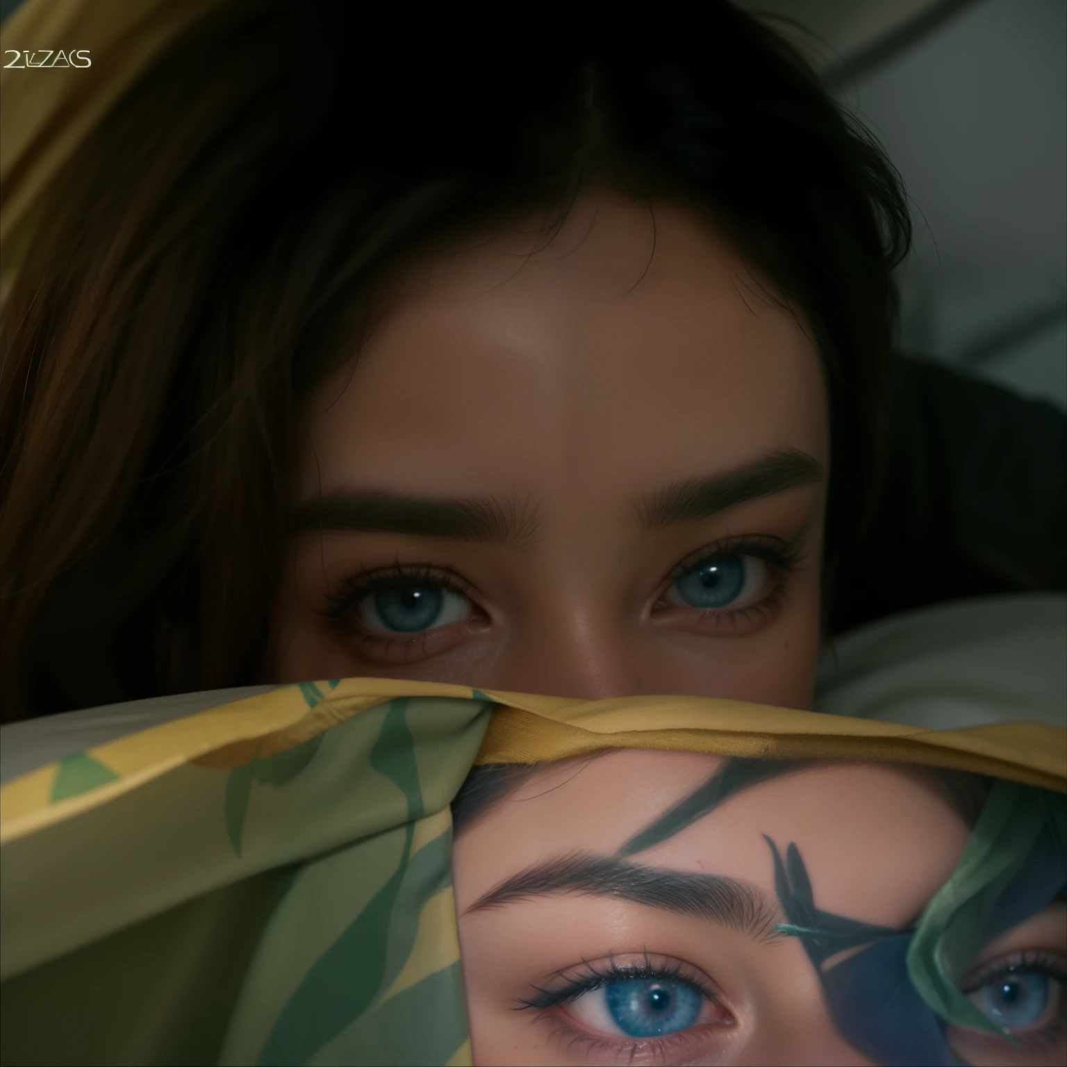there is a man who is hiding under a blanket, she is facing the camera, olhos do quarto, with tatuagems, olhos brilhantes e penetrantes, Jungkook Jeon, Jung Jungkook, her face looks like an orchid, Jungkook Jeon, olhos brilhando, os olhos brilham, whole tatuagem, tatuagem, ela tem cerca de 2 5 anos, eye tatuagem, pupilas cortadas