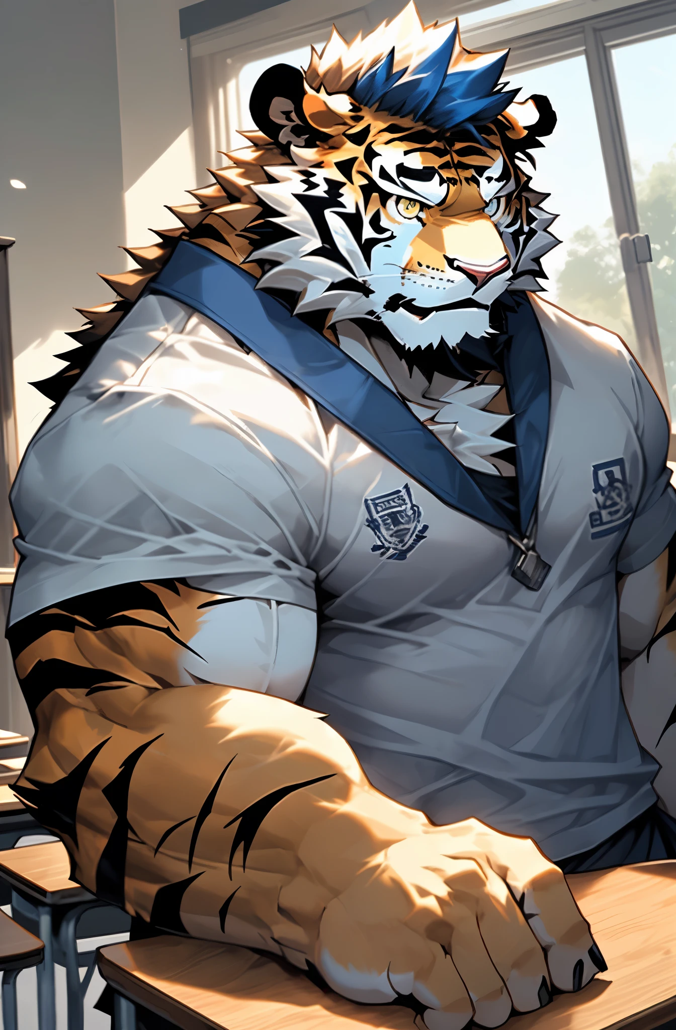disney,anime character with tiger tiger_beast, Firmware version, high resolution committee, ((tiger)), gigachad muscular, muscular!!, only, muscular!, anthropomorphic tiger, muscular character, Kushat Konzi, super detailed!!, muscular!!!, beefy, whole body commission, Full body details are very rich,32k,(Full body close-up:1.2),(The two eyes are not the same color,different students:1.8),((HD)),(colored hair:1.5),((White school uniform for students:1.5),alone,(cute expression:1.3),hope,(One eye is blue,The other eye is golden:1.5),(A pair of eyes with different pupil colors:1.5)),(Shy:1.6),((sit on the table:1.3)),(front:1.3),((Place one hand on the table)),((classroom)),((Very detailed details)),((Very detailed face))