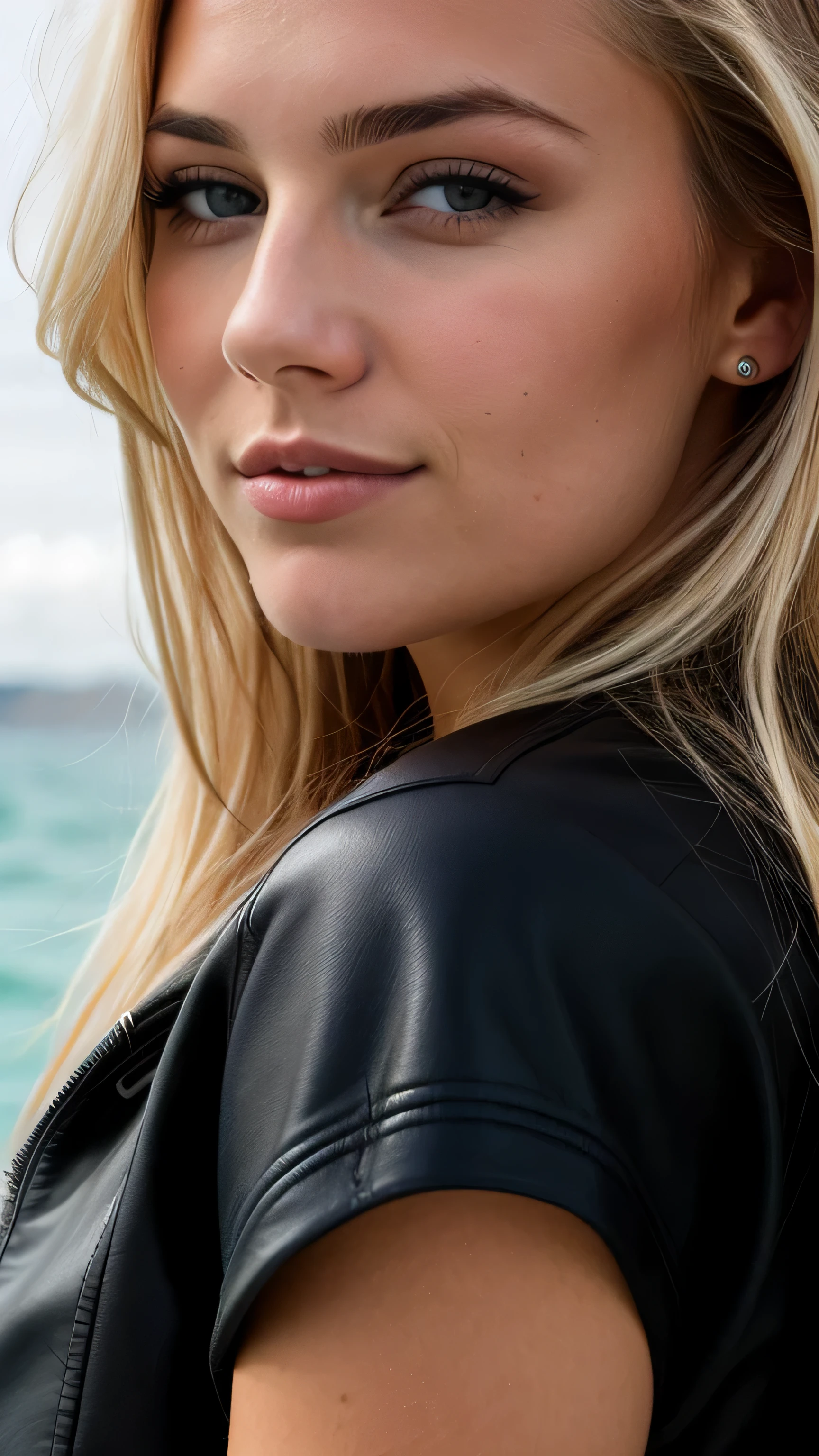 une femme blonde de 23 ans prend un selfie en plein air au soleil, the sea completely covers the bottom, we see the sea in the background, 50mm f/2.8, Photorealism, Blonde Hair with Light Brown Roots, cheveux blond, Cheveux avec des racines brunes, Very long hair, yeux bleus, belle femme, vue de face, Extreme close-up of the face, zoom sur le visage, un blouson d'hiver noir en cuir, high quality, selfie, profondeur de champ courte