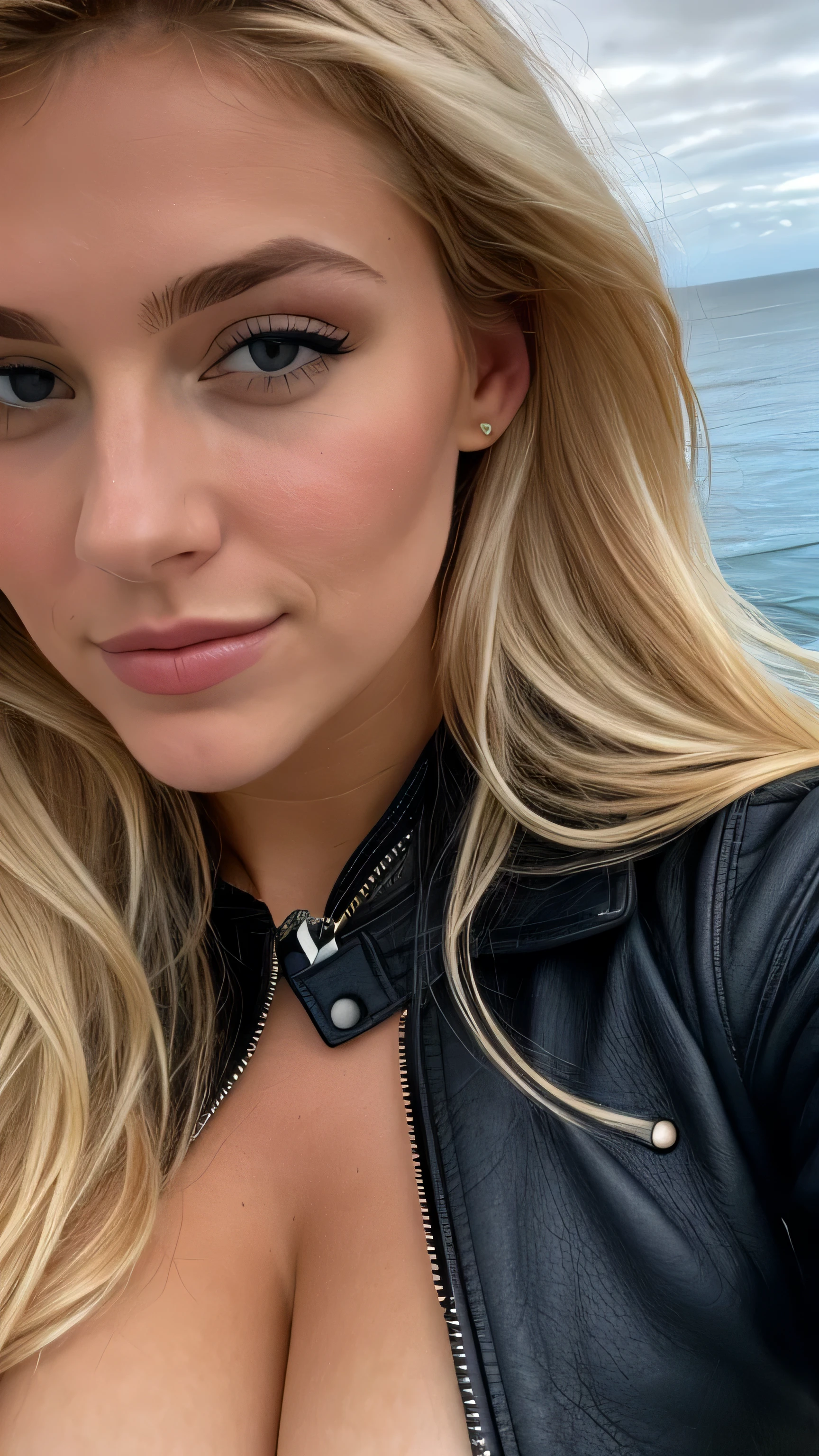 une femme blonde de 23 ans prend un selfie en plein air au soleil, the sea completely covers the bottom, we see the sea in the background, 50mm f/2.8, Photorealism, Blonde Hair with Light Brown Roots, cheveux blond, Cheveux avec des racines brunes, Very long hair, yeux bleus, belle femme, vue de face, Extreme close-up of the face, zoom sur le visage, un blouson d'hiver noir en cuir, high quality, selfie, profondeur de champ courte