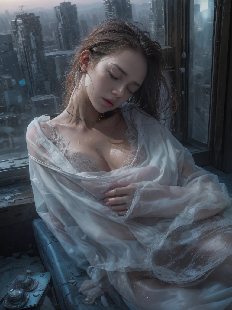 The girl is sleeping, eyes closed, Realistic sleeping skin, 25 years, Realistic, skin texture, real photo, hyper-detailed, (freckles), crazy details, Realistic, wet, sweaty body, freckles, skin texture, Brown hair. high detail, a high resolution, sleep in bed, Lying in bed, Fully naked, Naked, after sex, Total realism, real photo, ultra HD 8k --auto, Whole body, Thigh notch, sexy long legs, Thin body, covered with a white blanket, wet blanket, cutout at the hips, Nipples are translucent, nipples sticking out, see through, no skirt, There is no underwear, There are no panties, There is no bra, Wet hair, everything is white, white lace collar around the neck, blue bow with gold pendants, and bright blue emerald, amazing earrings, clothes torn, Tired, wet body, Detailed leather, very high quality, The body is covered with oil, drops flow down the body, The body shines, hair is very wet, hair covered with oil, outside the window A beautiful futuristic fantasy city in the style of Coruscant from Star Wars by John Lucas, Science fiction, Huge fantastic skyscrapers in the background, best quality masterpiece, Realistic, detailed, 8K, HDR, broad light, high contrast, backlight, flash, Chromatic aberration, Sharp Focus, color photo in RAW format, Very detailed vagina