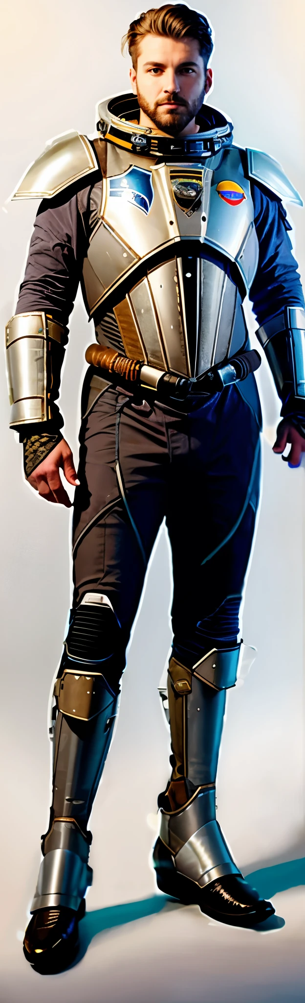 Armadura futuristica velha, armadura espacial antiga, worn-out captain's spacesuit, brown and gray color captain space suit,