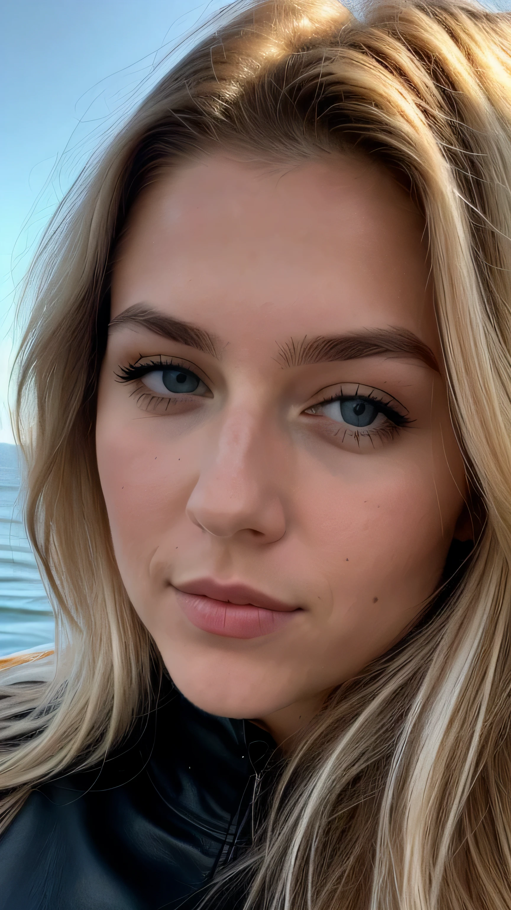 une femme blonde de 23 ans prend un selfie en plein air au soleil, the sea completely covers the bottom, we see the sea in the background, 50mm f/2.8, Photorealism, Blonde Hair with Light Brown Roots, cheveux blond, Cheveux avec des racines brunes, Very long hair, yeux bleus, belle femme, vue de face, Extreme close-up of the face, zoom sur le visage, un blouson d'hiver noir en cuir, high quality, selfie, profondeur de champ courte