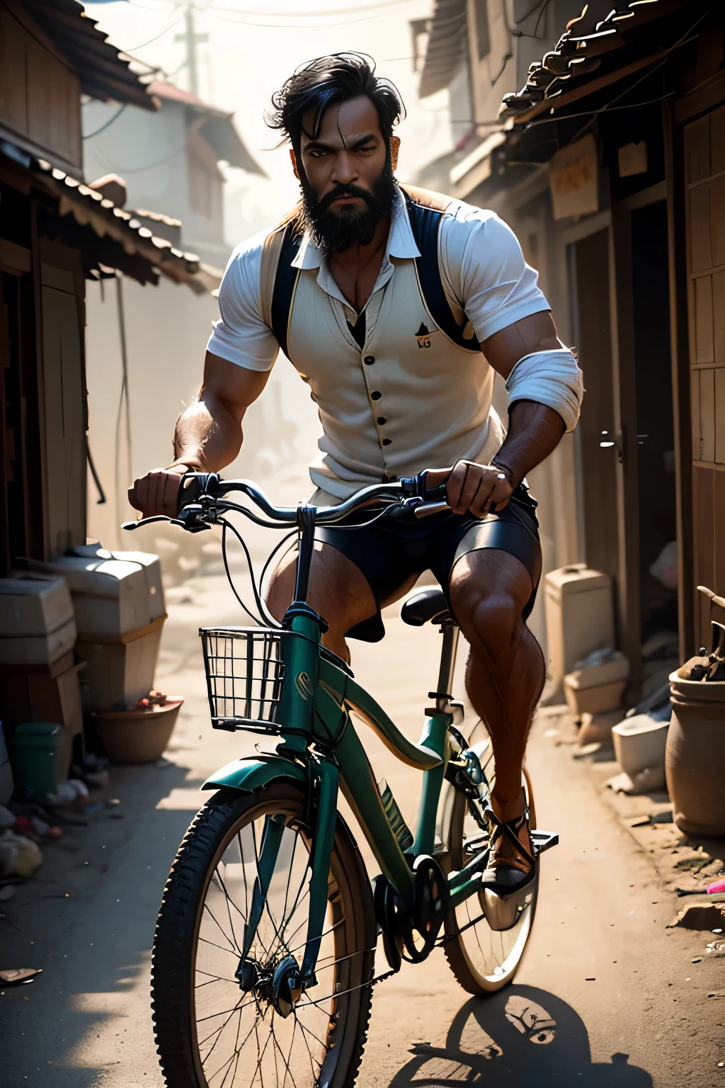 In the heart of the bustling hindu slums, there resides a determined man named Ravi. With his tawny skin, flowing salt-and-pepper beard, and intensity in his deep-set eyes, Ravi is a figure of strength and resilience against all odds. Perched atop a weathered yet sturdy bicycle, he rides with a dynamic energy, maneuvering through the narrow, winding alleys with the ease and agility of a seasoned pro. Dressed in simple, traditional clothing, Ravi is a beacon of hope and determination for all who bear witness to his unyielding spirit.
