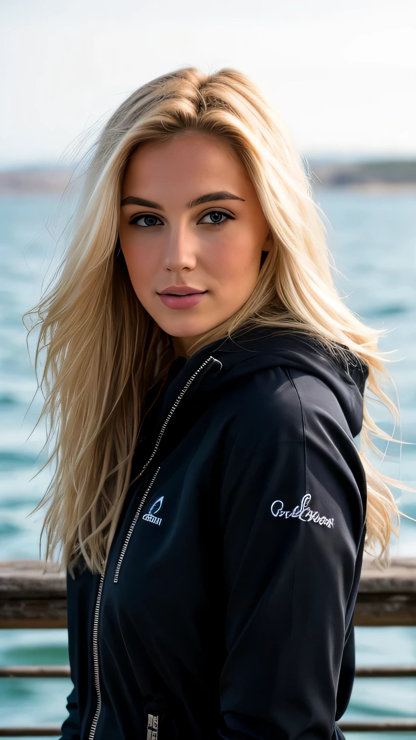 une femme blonde de 23 ans prend un selfie en plein air au soleil, the sea completely covers the bottom, we see the sea in the background, 50mm f/2.8, Photorealism, Blonde Hair with Light Brown Roots, cheveux blond, Cheveux avec des racines brunes, Very long hair, yeux bleus, belle femme, vue de face, Extreme close-up of the face, zoom sur le visage, un blouson d'hiver noir avec une capuche avec des poils, high quality, selfie, profondeur de champ courte