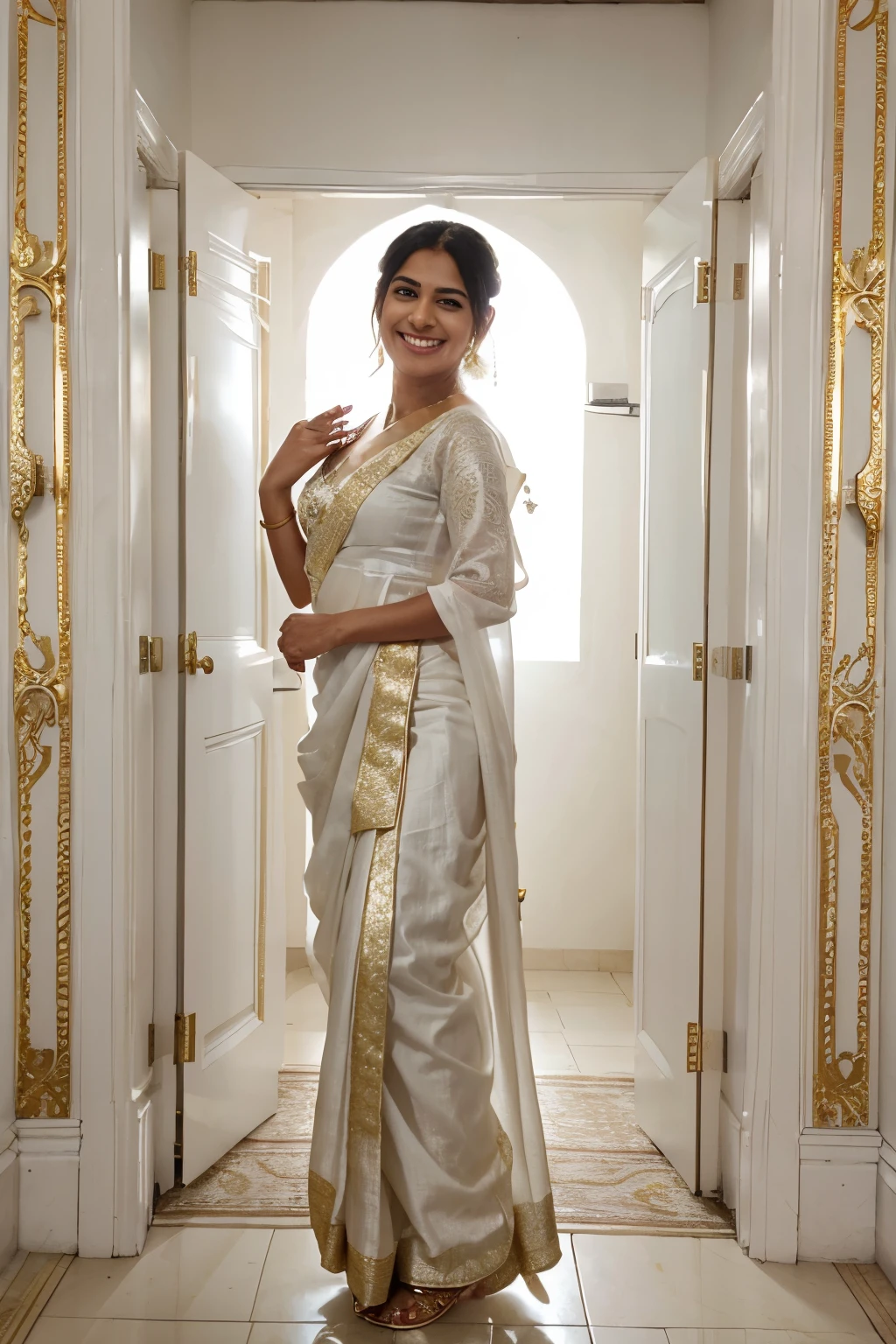 smiling woman in a white sari standing in a doorway, dressed in a sari, wearing a sari, wearing sari, wearing white silk, dressed in a beautiful white, white and gold, wearing a steampunk sari, sari, traditional beauty, white with gold accents, india, white robe with gold accents, a beautiful woman in white, gold and white, wearing intricate