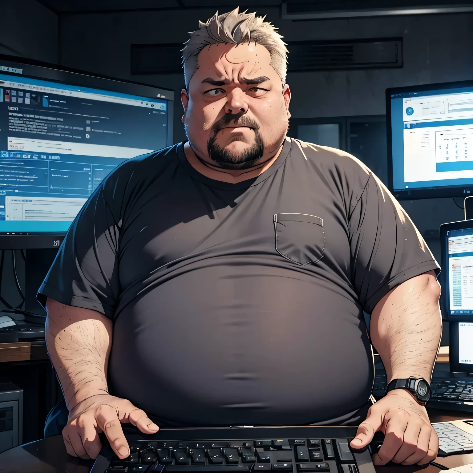 An unkempt middle-aged man who is very overweight is wearing a broken, dirty shirt, mit braunen schmierigem haar, He's angry, sitzen am computerbildschirm, im hintergrund stehen bierdosen 