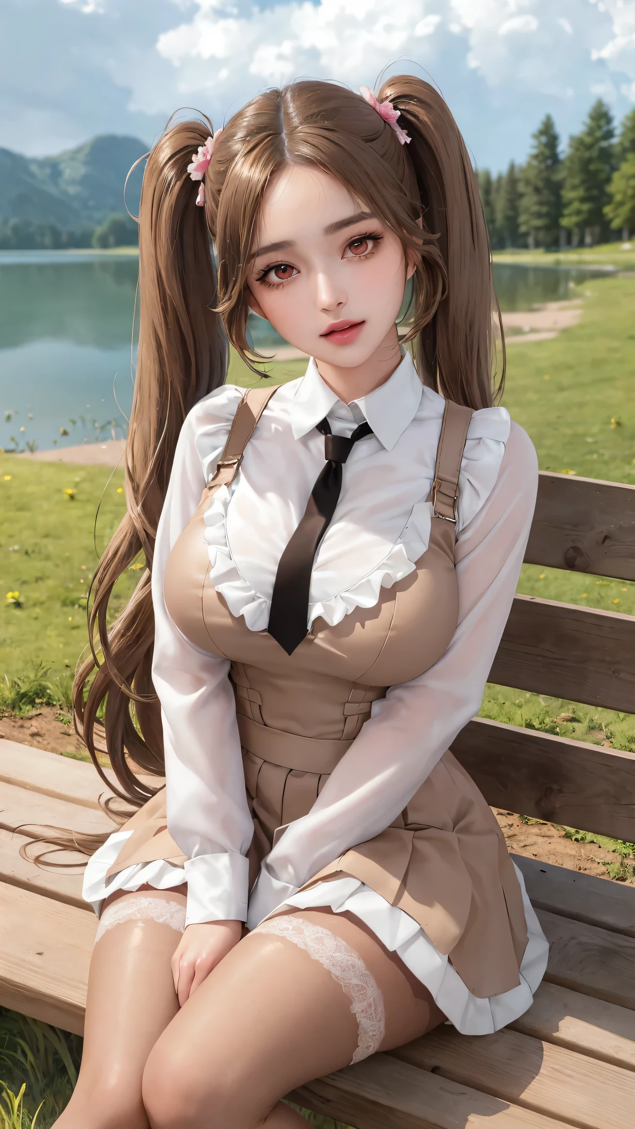 RAW, 1girl, pure eros face,solo, colorful, (masterpiece, best quality:1.3), (absurdres:1.3),(photorealistic:1.3), (detailed skin:1.3, detailed face:1.3), sitting, beautiful face, beautiful eyes,looking at viewer, sharp focus, delicate, (beautiful cute_girl:1.3),curvy,(large breasts,narrow :1.1,thick thighs:1.2,),  longeyelashes,(shiny skin), light smile, (brown_twintails:1.3),(big_eyes:1.2, brown_eyes), (brown_gloss_eyeshadow:1.2), pink_lips, white frilled shirt, beige_suspender skirt / black_pantyhose, willow, wooden bench, flower, grass, lake, (cloudy sky:1.3), (rain:0.5),