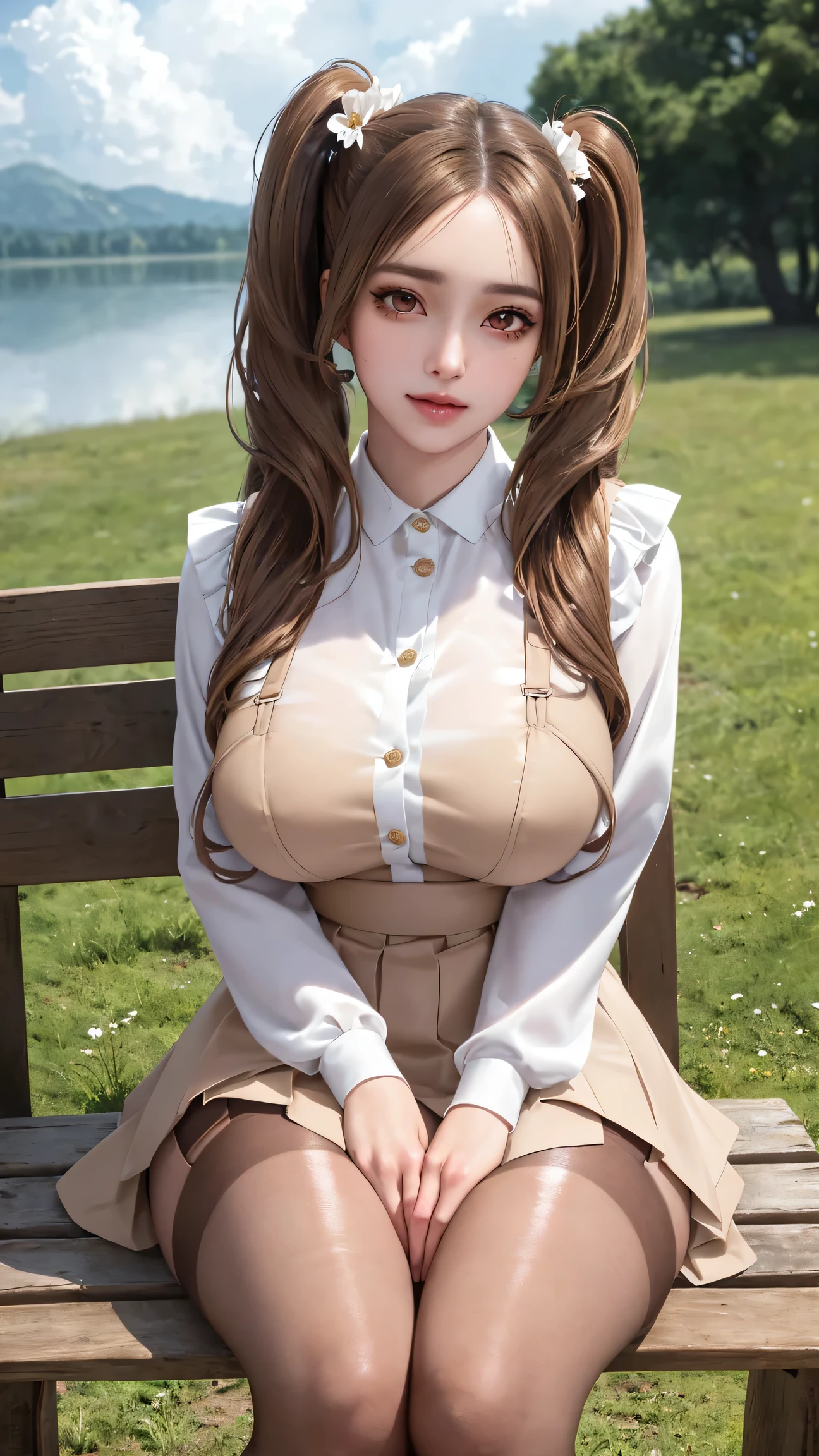 RAW, 1girl, pure eros face,solo, colorful, (masterpiece, best quality:1.3), (absurdres:1.3),(photorealistic:1.3), (detailed skin:1.3, detailed face:1.3), sitting, beautiful face, beautiful eyes,looking at viewer, sharp focus, delicate, (beautiful cute_girl:1.3),curvy,(large breasts,narrow :1.1,thick thighs:1.2,), longeyelashes,(shiny skin), light smile, (brown_twintails:1.3),(big_eyes:1.2, brown_eyes), (brown_gloss_eyeshadow:1.2), pink_lips, white frilled shirt, beige_suspender skirt / black_pantyhose, willow, wooden bench, flower, grass, lake, (cloudy sky:1.3), (rain:0.5),