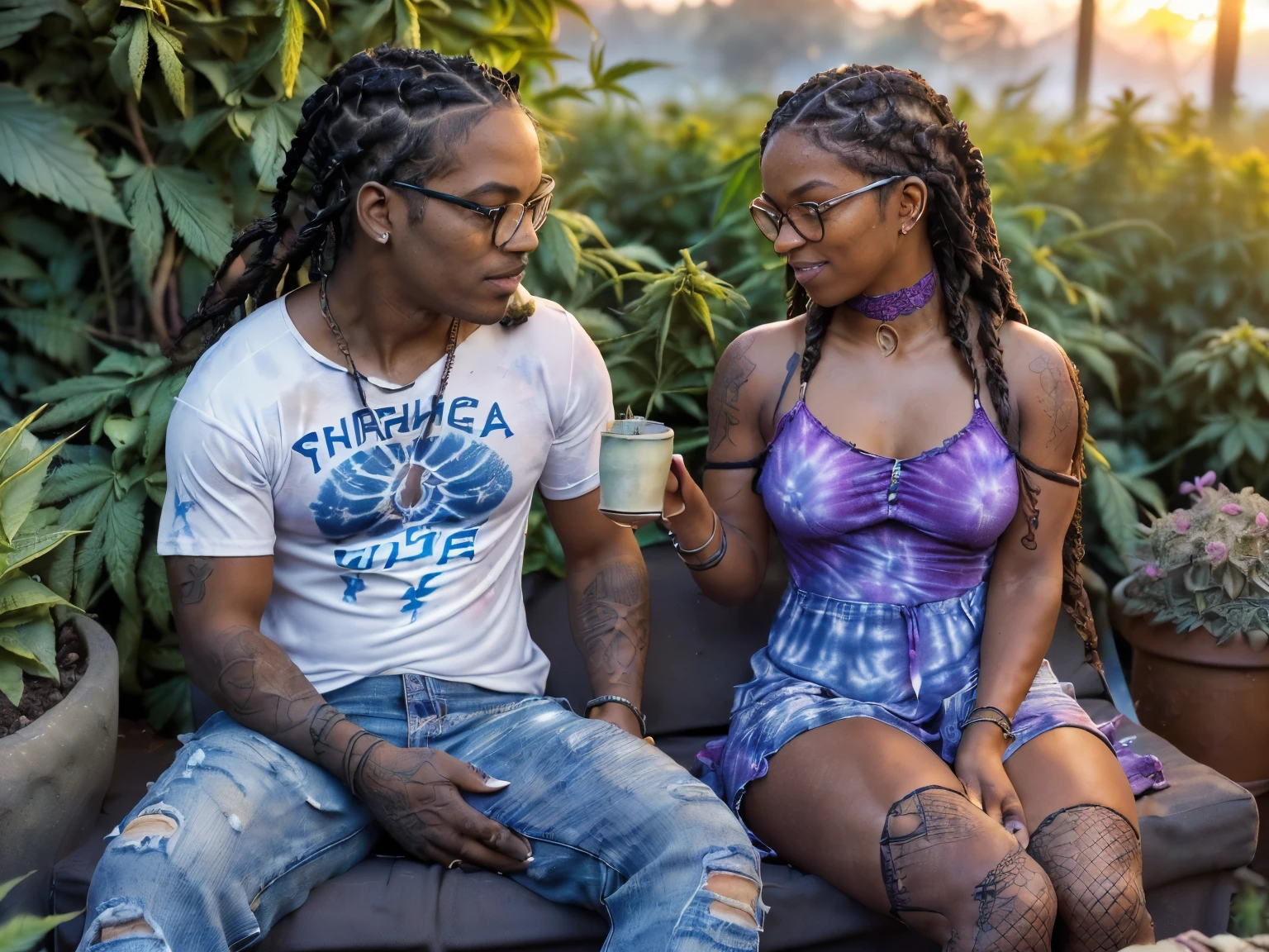 Photo of two people in love spending a quiet morning together, {((joyful ((lithe short ((dark-skinned Honduran)) punk girl with long freeform braided locs hairstyle)) (wearing tie-dyed sundress with fishnet stockings), plump thighs and soft big jiggly butt, (wearing lace choker with hanging amethyst), (cannabis flower tattoos on arms and legs), plump legs spread apart}, girl sitting next to a ((cheerful (tanned Haitian Dominican boy) with long braided hair and glasses wearing tie-dyed "math-rock band piglet" shirt with houndstooth pants)) in middle of garden while peacefully observing the sunrise with moka pot brewed coffee, high quality photo, sitting quietly (with many cannabis sativa plants and rose shrubs in garden during foggy sunrise)