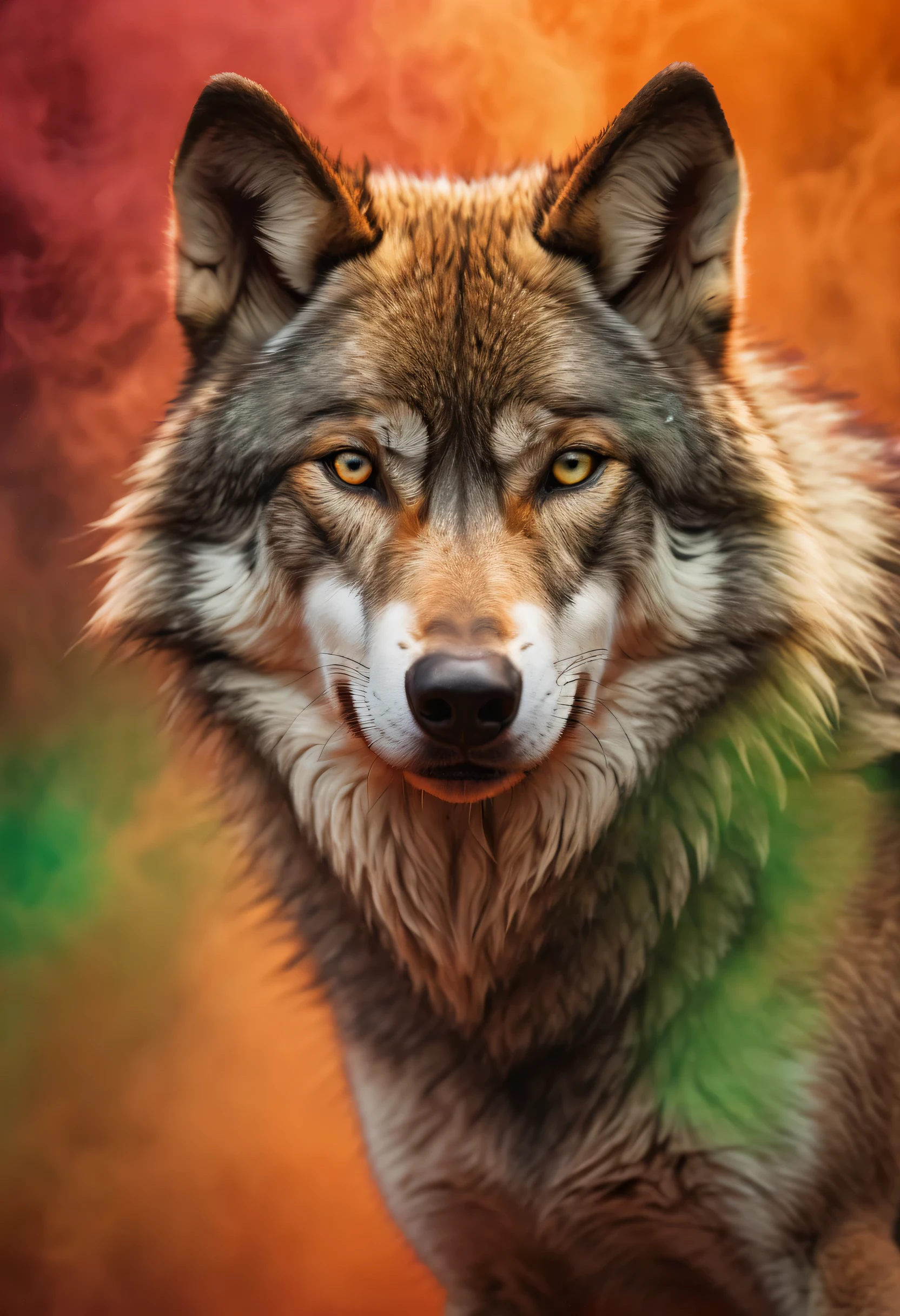 A wolf emerging from crimson smoke in front of an orange and green background, showcasing the best quality of the image with ultra-detailed features. The wolf's portrait is highly realistic, capturing its vivid colors in sharp focus with a bokeh effect. The scene is expertly lit using studio lighting, enhancing the overall atmosphere and highlighting the details of the wolf's fur and expression.