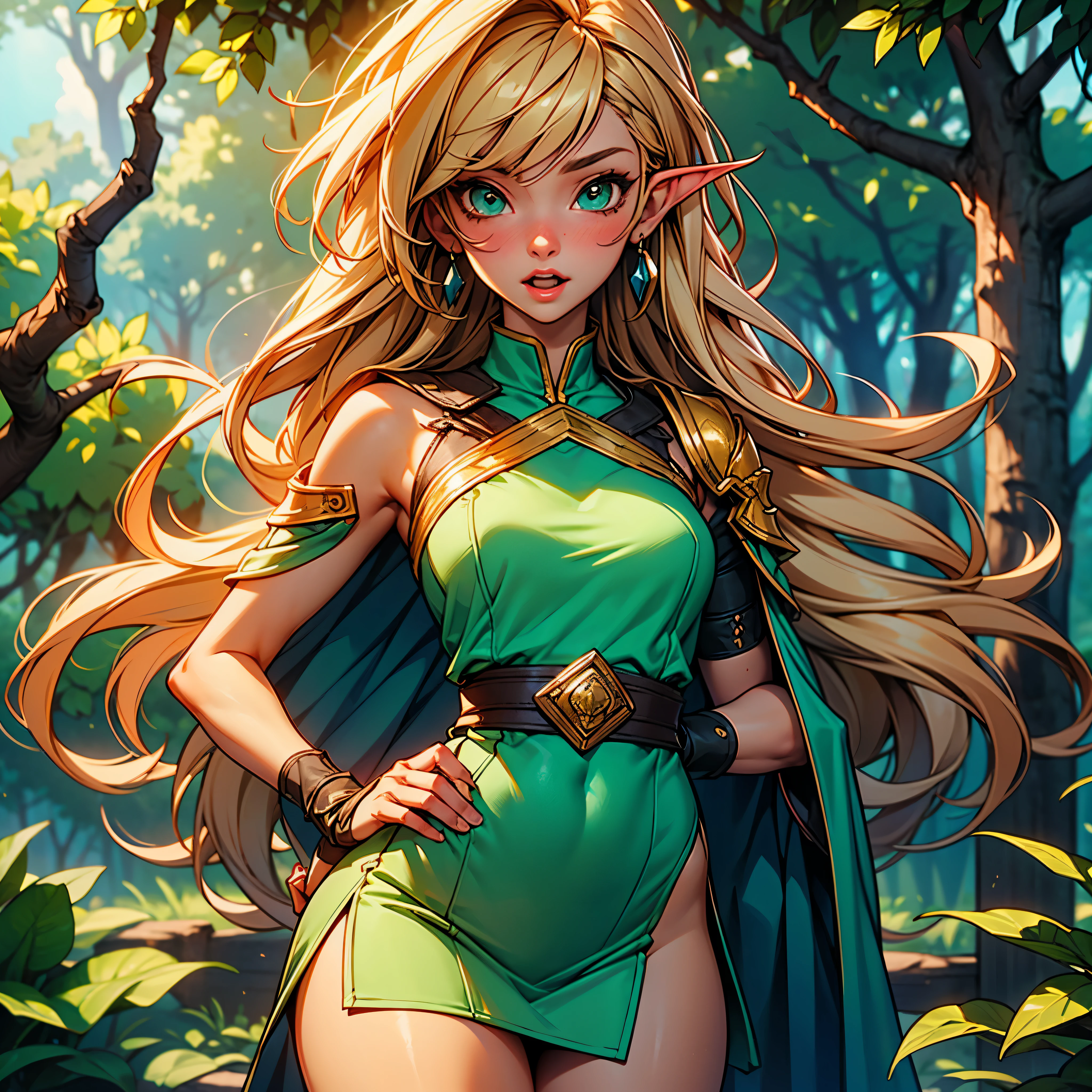 ANI_CLASSIC_deedlit_ownwaifu www.ownwaifu.com,(extremely detailed fine touch:1.2) Elf (natural light, sun light, light rays, dappled light, ray tracing:1.2), mature female , masterpiece, ultra best quality, ultra highly quality , elf pointy ears, blonde hair, long hair, circlet, green eyes, long pointy ears, very long hair, breasts, medium breasts, earrings, lips, makeup, bangs, cape, armor, blue cape, shoulder armor, pauldrons, gloves, breastplate, belt, green dress, short dress, looking at viewer, blush, open mouth, standing, (Masterpiece, extremely detailed CG, sharp line),deedlit, offcial art, Colorful, Beautiful Japanese anime style，Extremely detailed eyes and face，Sharp pupils，realistic pupil，In the woods、cabellos largos dorados，Black lace panties，Slender thighs, varies multi etc. --v 6 --s 1000 --c 20 --q 20 --chaos 100