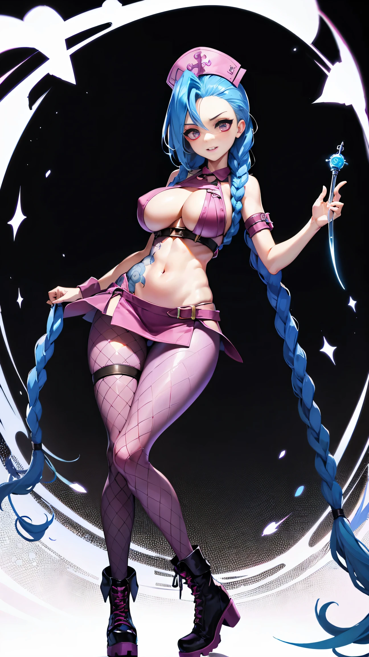 Jinx nurse,nurse hat,(White nurse costume),Rose tattoo,big laughter,Blue twist braid,With a huge needle,The needle stands taller than a person。Runaway ,League of Legends ,de cuerpo completo,(kneehigh boots)),purpleish color,(fishnet leggings),(standing on your feet),The background is dark and tough,There is a sense of danger and intensity。huge breasts, wide hips