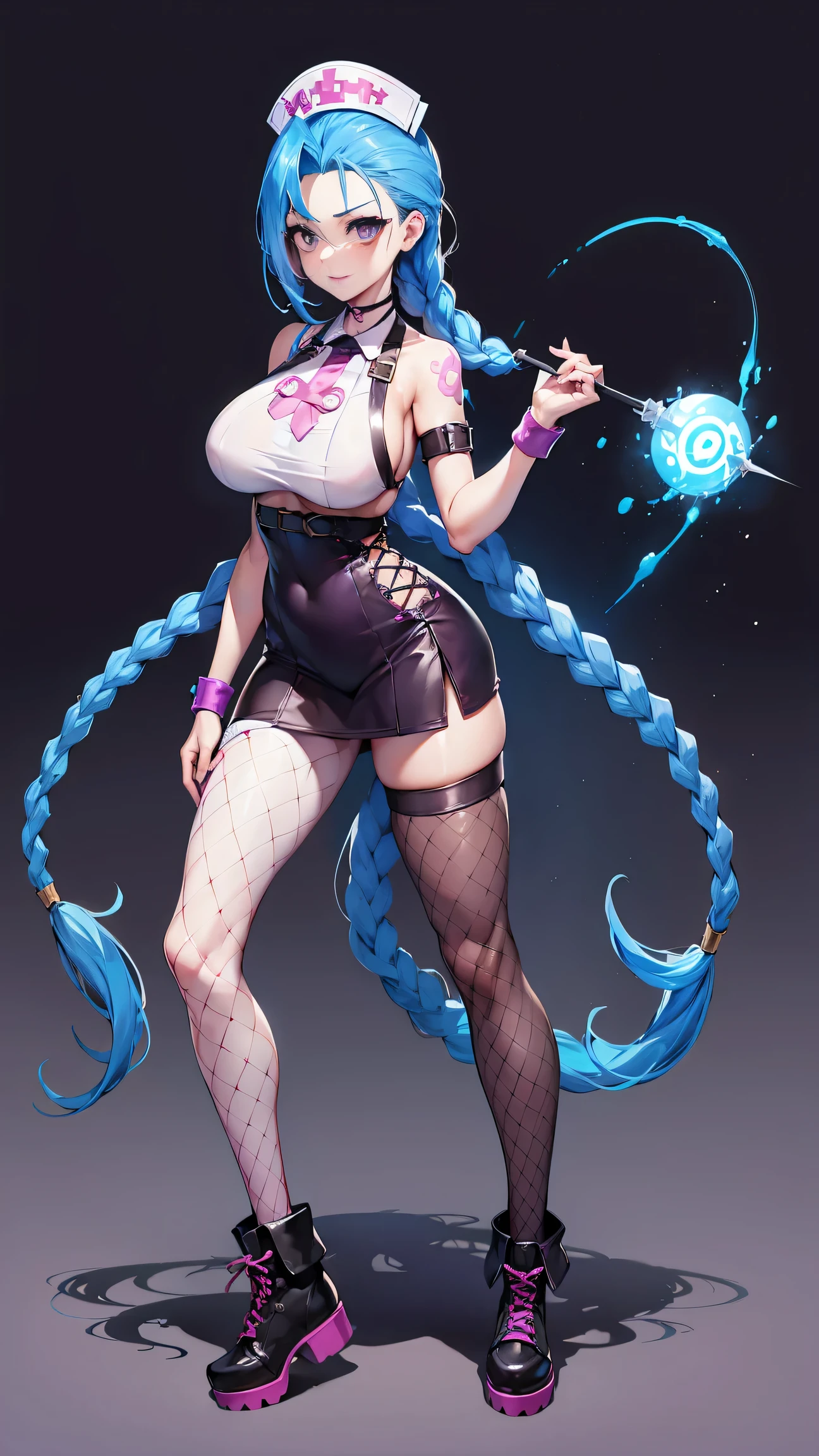 Jinx nurse，nurse hat，(White nurse costume)，Rose tattoo，big laughter，Blue twist braid，With a huge needle，The needle stands taller than a person。Runaway ，League of Legends ，de cuerpo completo，(kneehigh boots)),purpleish color，(fishnet leggings),(standing on your feet)，The background is dark and tough，There is a sense of danger and intensity。huge breasts, wide hips