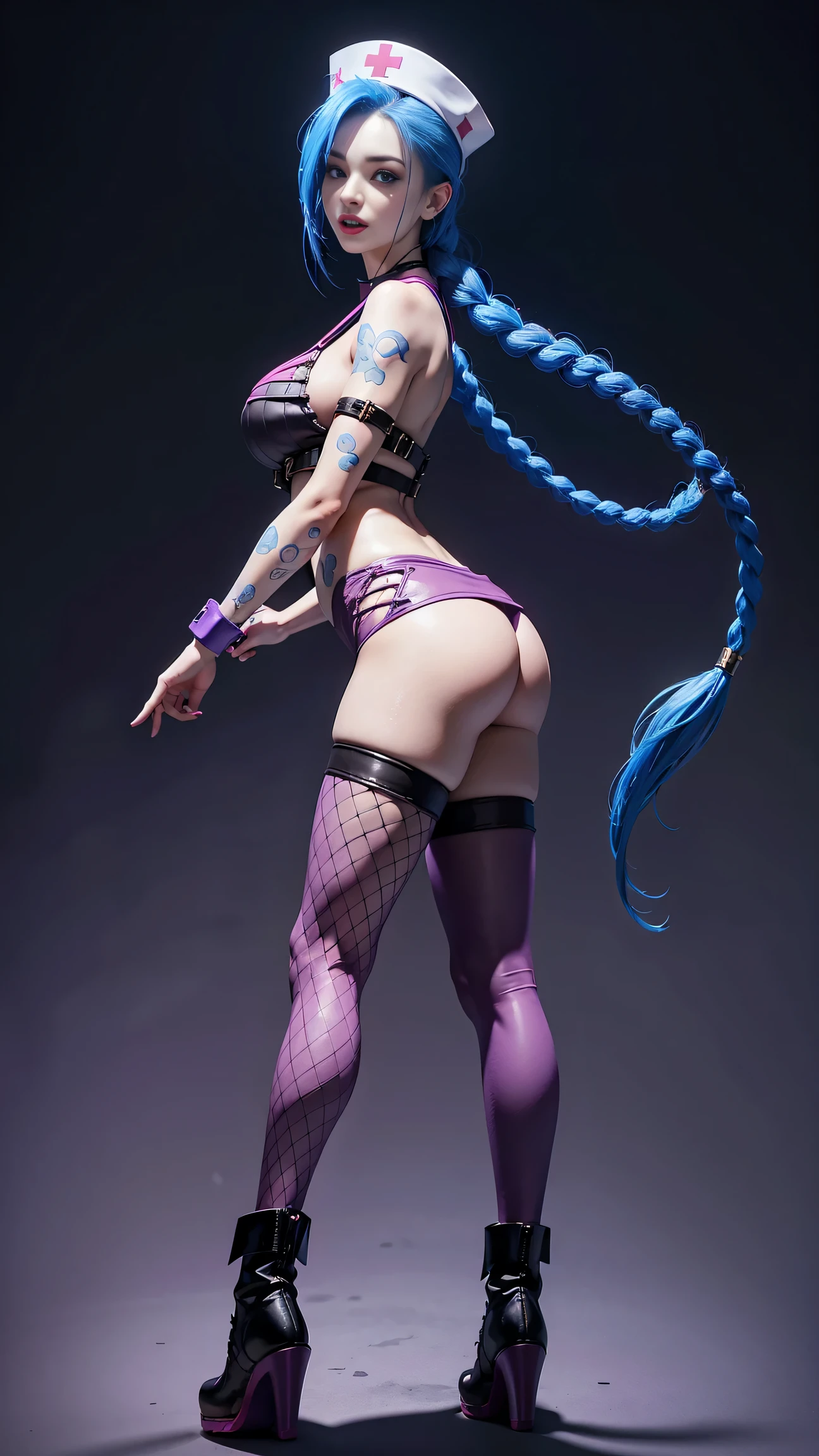 Jinx nurse,nurse hat,(White nurse costume),Rose tattoo,big laughter,Blue twist braid,With a huge needle,The needle stands taller than a person。Runaway ,League of Legends ,de cuerpo completo,(kneehigh boots)),purpleish color,(fishnet leggings),(standing on your feet),The background is dark and tough,There is a sense of danger and intensity。huge breasts, wide hips