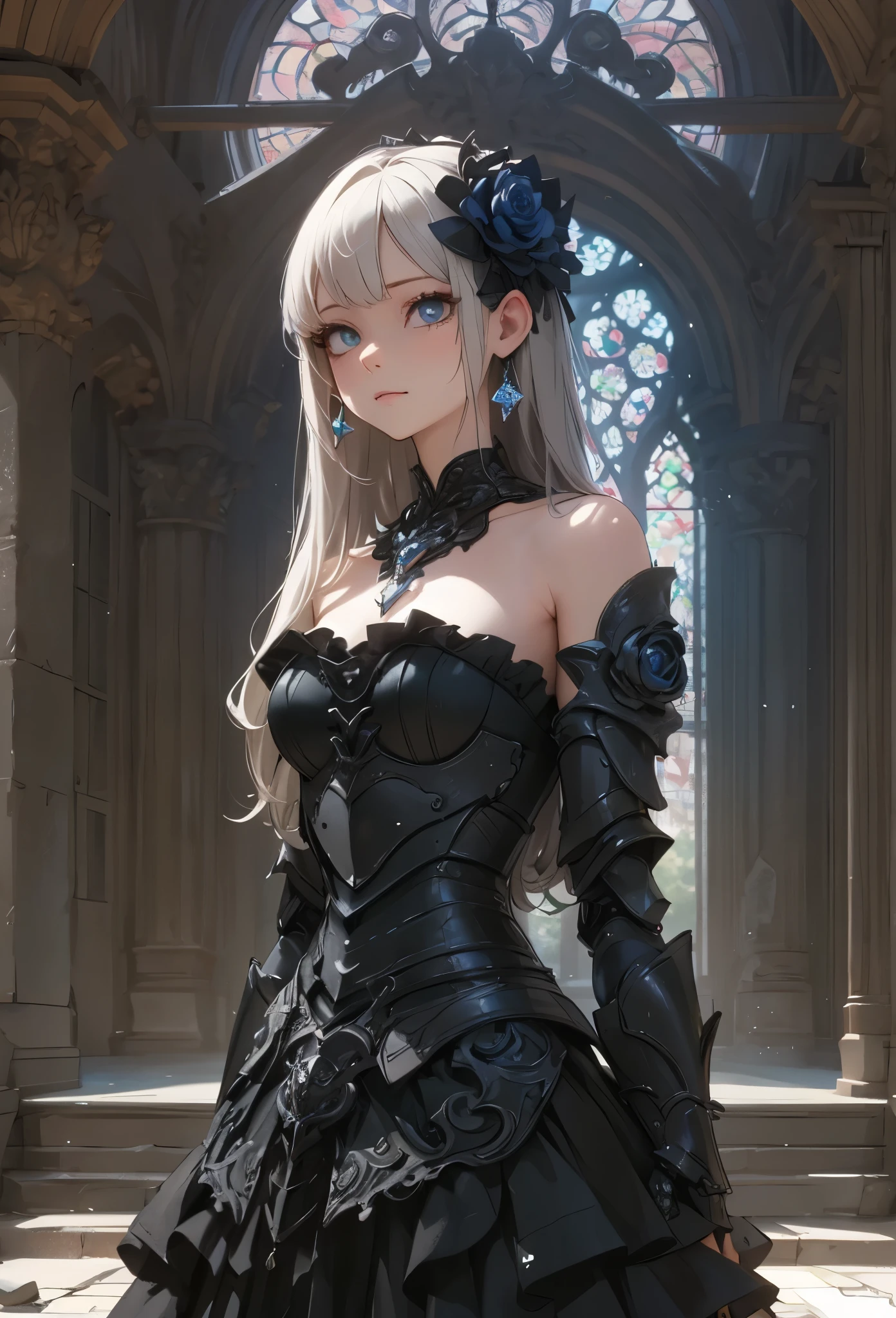Cute girl in fantastic surroundings, with detailed armor and weapons, High-resolution rendering with realistic textures, Number of storeys and lighting, makeup, mascara, The lips are soft or colored, plain black background, minimalism, monotonous, Simple color palettes, puro, Clear design, Flowing silhouettes, skirts, skirts, Simple dresses, Sbikini, asymmetric, geometric, Elegant and luxurious materials and design, simple, Minimum accessories, Necklaces and thin rings made of silver or gold, Simple bracelets, Distinctive design, Simple silhouettes, Simple and sophisticated style, elegance, minimalism, High-quality materials, haute couture, Simplicity and sophistication,