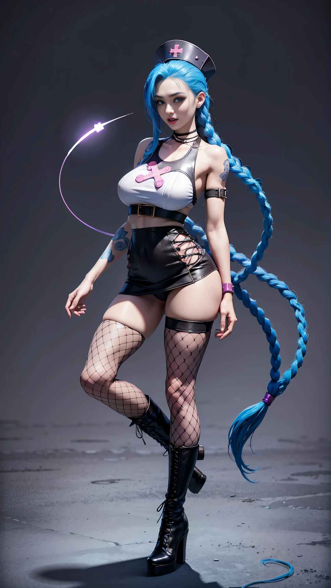 Jinx nurse，nurse hat，(White nurse costume)，Rose tattoo，big laughter，Blue twist braid，With a huge needle，The needle stands taller than a person。Runaway ，League of Legends ，de cuerpo completo，(kneehigh boots)),purpleish color，(fishnet leggings),(standing on your feet)，The background is dark and tough，There is a sense of danger and intensity。huge breasts, wide hips