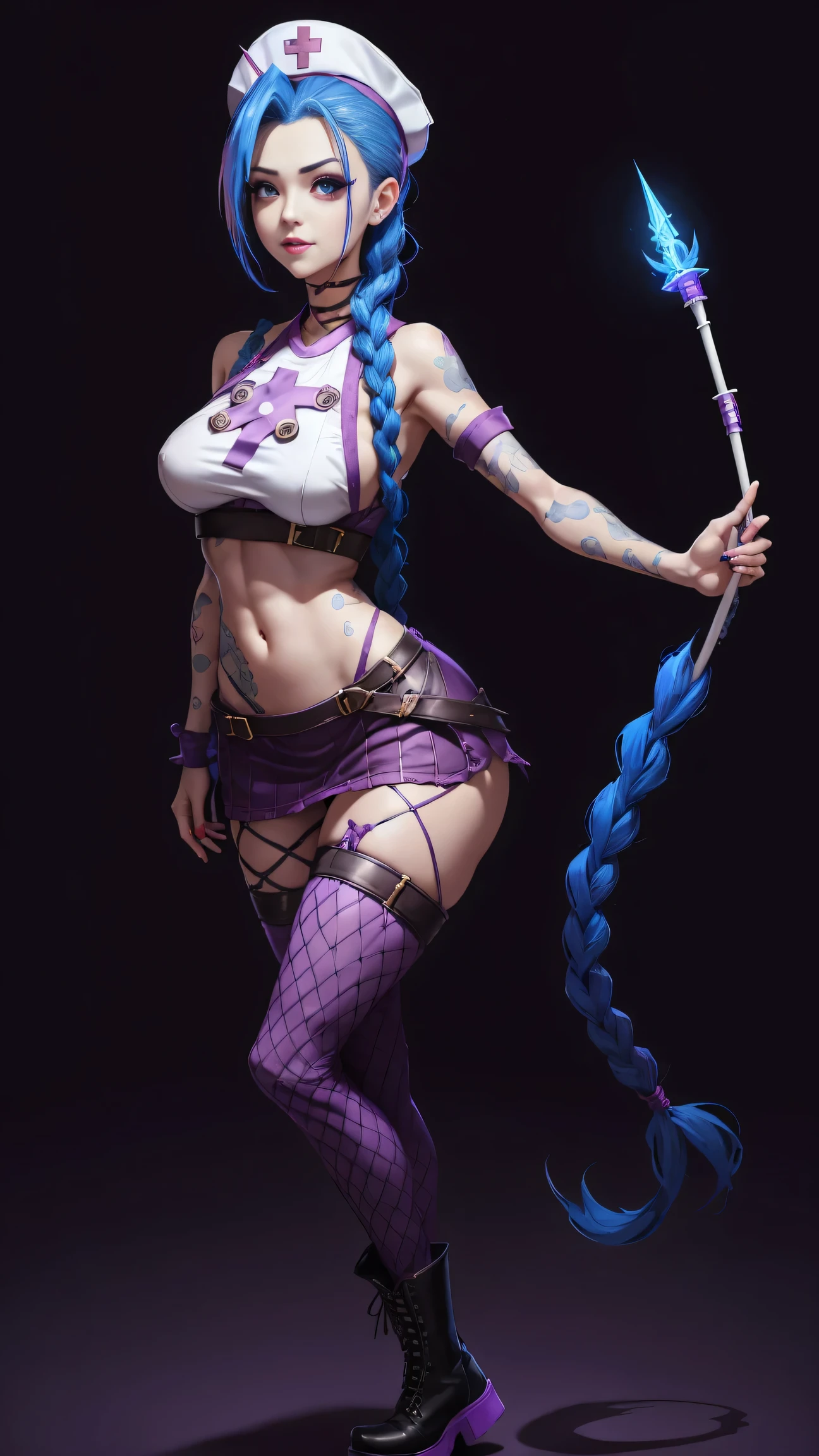 Jinx nurse，nurse hat，(White nurse costume)，Rose tattoo，big laughter，Blue twist braid，With a huge needle，The needle stands taller than a person。Runaway ，League of Legends ，de cuerpo completo，(kneehigh boots)),purpleish color，(fishnet leggings),(standing on your feet)，The background is dark and tough，There is a sense of danger and intensity。huge breasts, wide hips