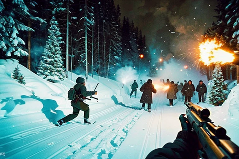 In the snowstorm.Coniferous forest.Fighting with guns.ww2.color々It's exploding somewhere.Germany is fighting against the Soviet Union.large crowd of people.fierce battle.many bullets flying around.heavy snow.Everyone is shooting each other with guns..It's exploding everywhere.scared