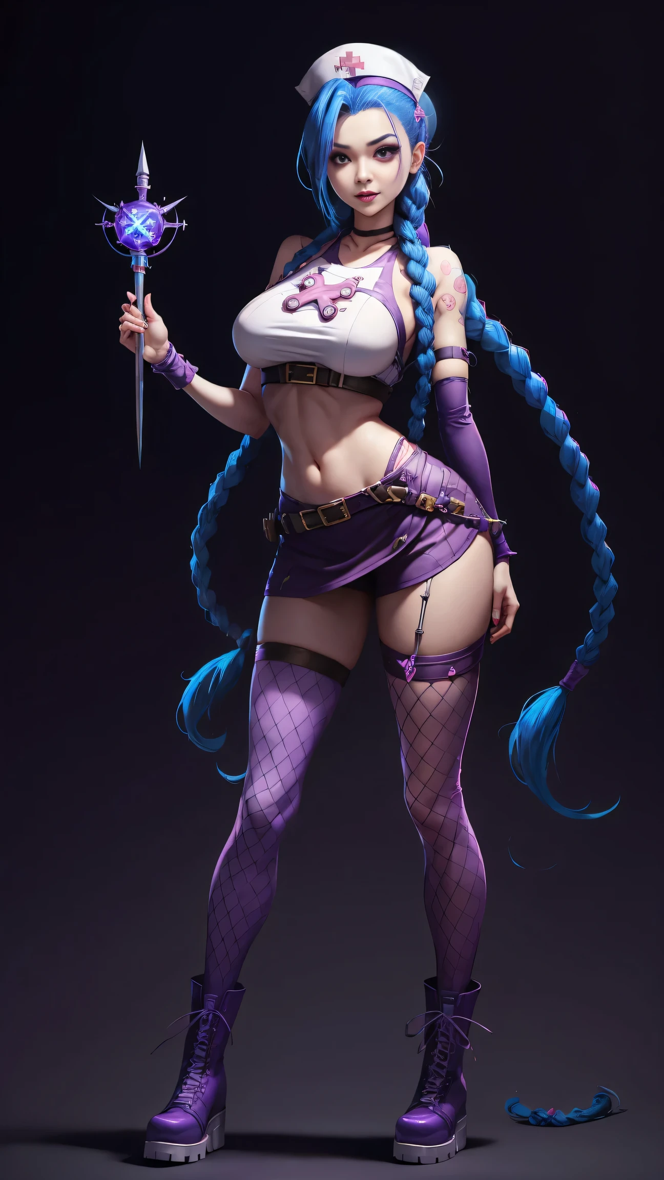 Jinx nurse，nurse hat，(White nurse costume)，Rose tattoo，big laughter，Blue twist braid，With a huge needle，The needle stands taller than a person。Runaway ，League of Legends ，de cuerpo completo，(kneehigh boots)),purpleish color，(fishnet leggings),(standing on your feet)，The background is dark and tough，There is a sense of danger and intensity。huge breasts, wide hips