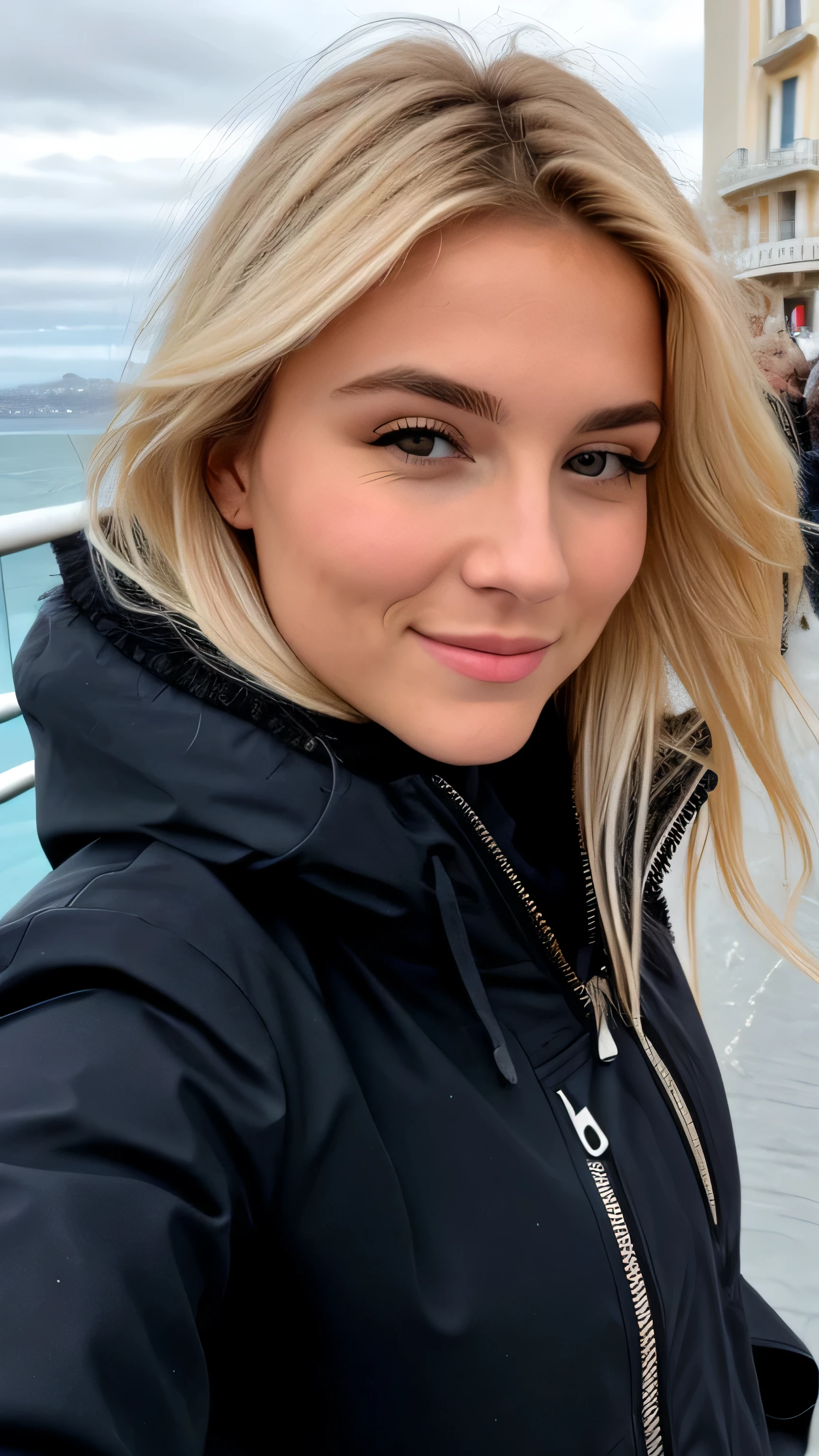 a 23 year old blonde woman takes a selfie in Nice with the Promenade des Anglais in the background, we see the sea in the background, 50mm f/2.8, Photorealism, Blonde Hair with Light Brown Roots, cheveux blond, Cheveux avec des racines brunes, Very long hair, yeux bleus, belle femme, vue de face, Extreme close-up of the face, zoom sur le visage, un blouson d'hiver noir avec une capuche avec des poils, high quality, selfie, profondeur de champ courte