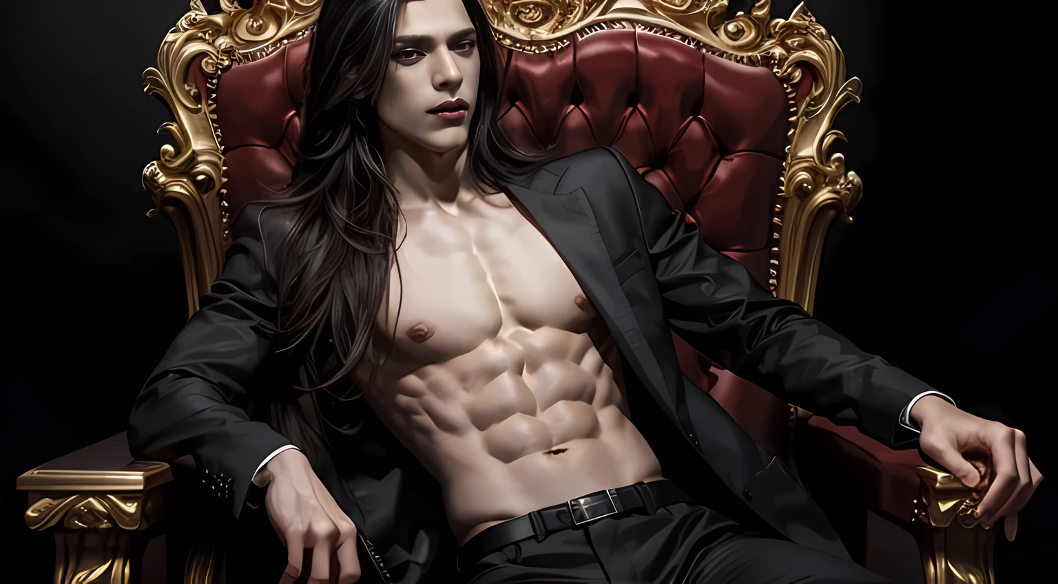 1 person, male, Sitting on the throne, topless, Well-defined ABS , pale skin, Beautiful, evil, evilвещий, Red eyes, black long hair, I'm wearing a suit, holding a cigarette Masterpiece, 4K, top quality, very detailed, Official art