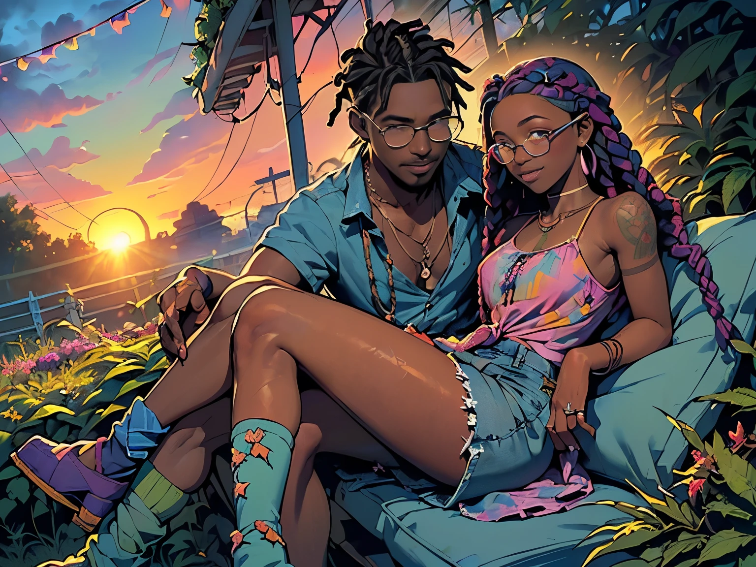 Photo of two people in love spending a quiet morning together, {((joyful ((lithe short ((dark-skinned Honduran)) punk girl with long freeform braided locs hairstyle and hairy legs)) (wearing tie-dyed sundress and long socks), plump thighs and soft big jiggly butt, (wearing amethyst choker necklace), (cannabis flower tattoos on arms and legs), plump legs spread apart}, girl sitting next to a ((cheerful tanned Haitian Dominican boy with long braided hair and glasses wearing colorful "Pertubator" shirt with tattered jeans)) in middle of garden rolling up herbal joint while peacefully observing the sunrise, high quality photo, sitting quietly (with many cannabis sativa plants and juniper shrubs in garden during foggy sunrise)