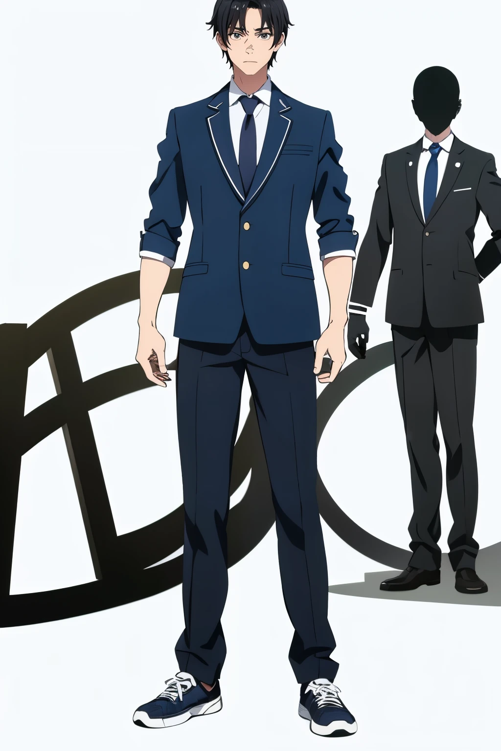 (no background、white background:1.4)、(Standing picture)、Japanese、10th generation male、1 person、 muscular、slender body、he has short black hair、 strong jaw line、he is wearing a school uniform, bad face、((whole body、stand))、sneakers、