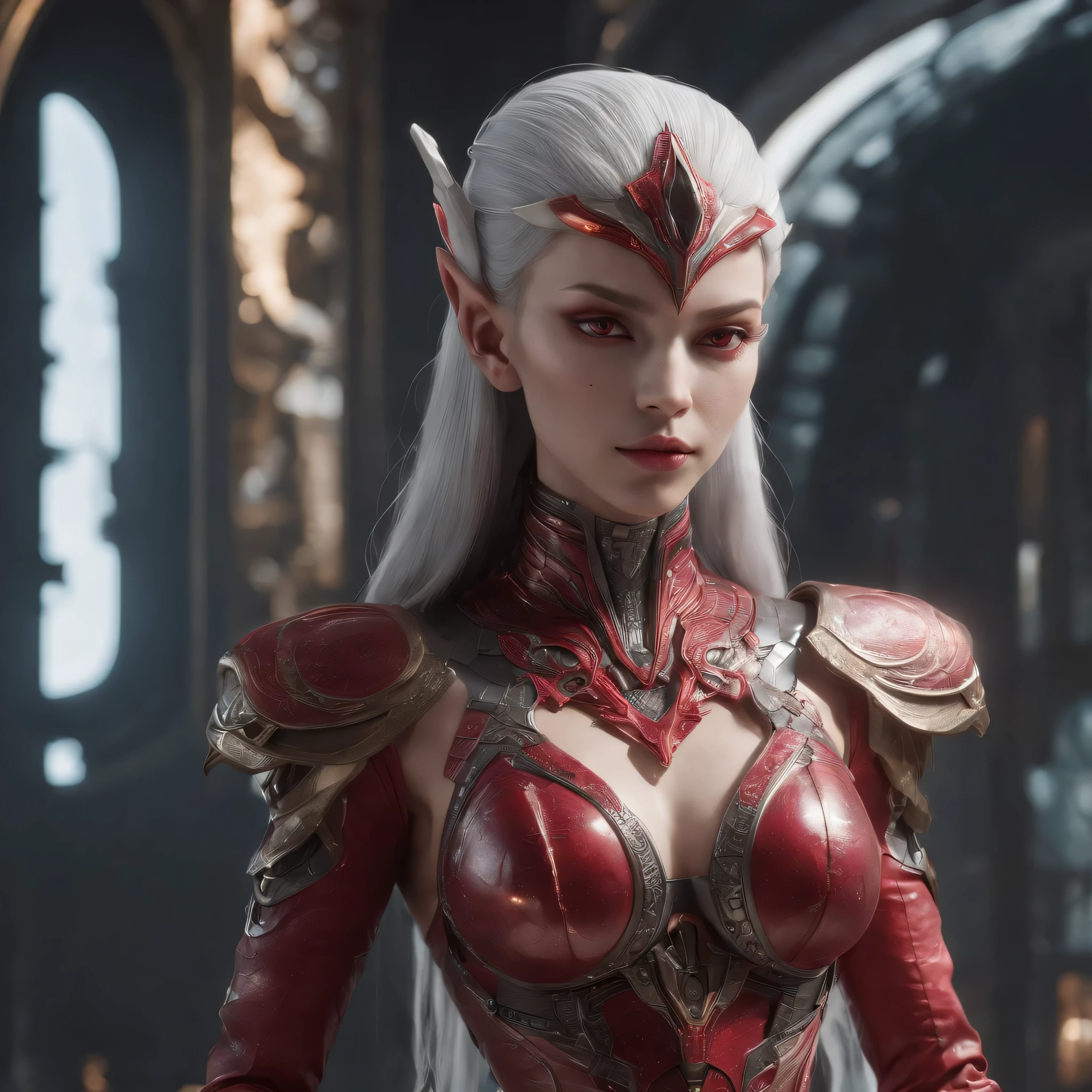 An alien woman with pinky skin, big pharaonic makeup red eyes and sand-colored hair, with small and pointed elf ears and fine and delicate features on her pretty beautiful face. She is wearing a melon exosuit style space suit armor, delicate and appropriate for a very powerful queen. She is thin, her limbs and legs look strength, tone, and muscle. Her appearance is delicate and beautiful, also imposing, and authoritative. She is standing next to a throne of red velvet and white color, with a cyberpunk extraterrestrial design. The throne is in a large and luxurious hall, with high ceilings and windows that show a view of the galaxy. The hall is decorated with symbols and banners of her civilization and the universal ark coalition. Her pose is full body, sexy looking straight at the camera, with an expression of confidence and superiority. The image should show her entire body. The image should be zoomed out enough to show her full body without cutting off any part of her. Masterpiece, best quality, super detailed, very detailed illustrations, very detailed, intricate details, 8k high resolution, super complex details, photographic, cinematic, realistic