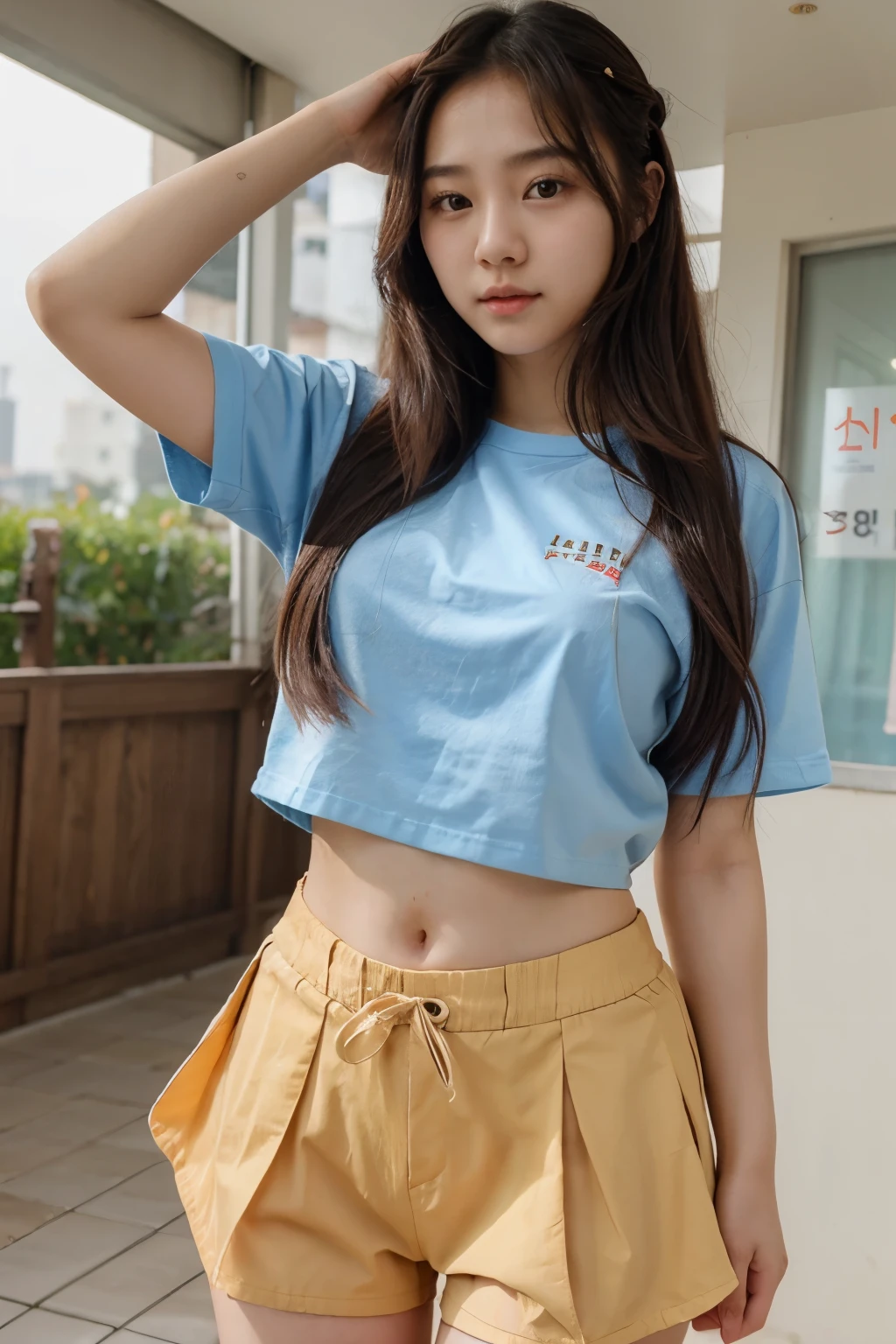 Cute korean girl 18 years old girl long hair wearing a shirt and shorts skirt dance