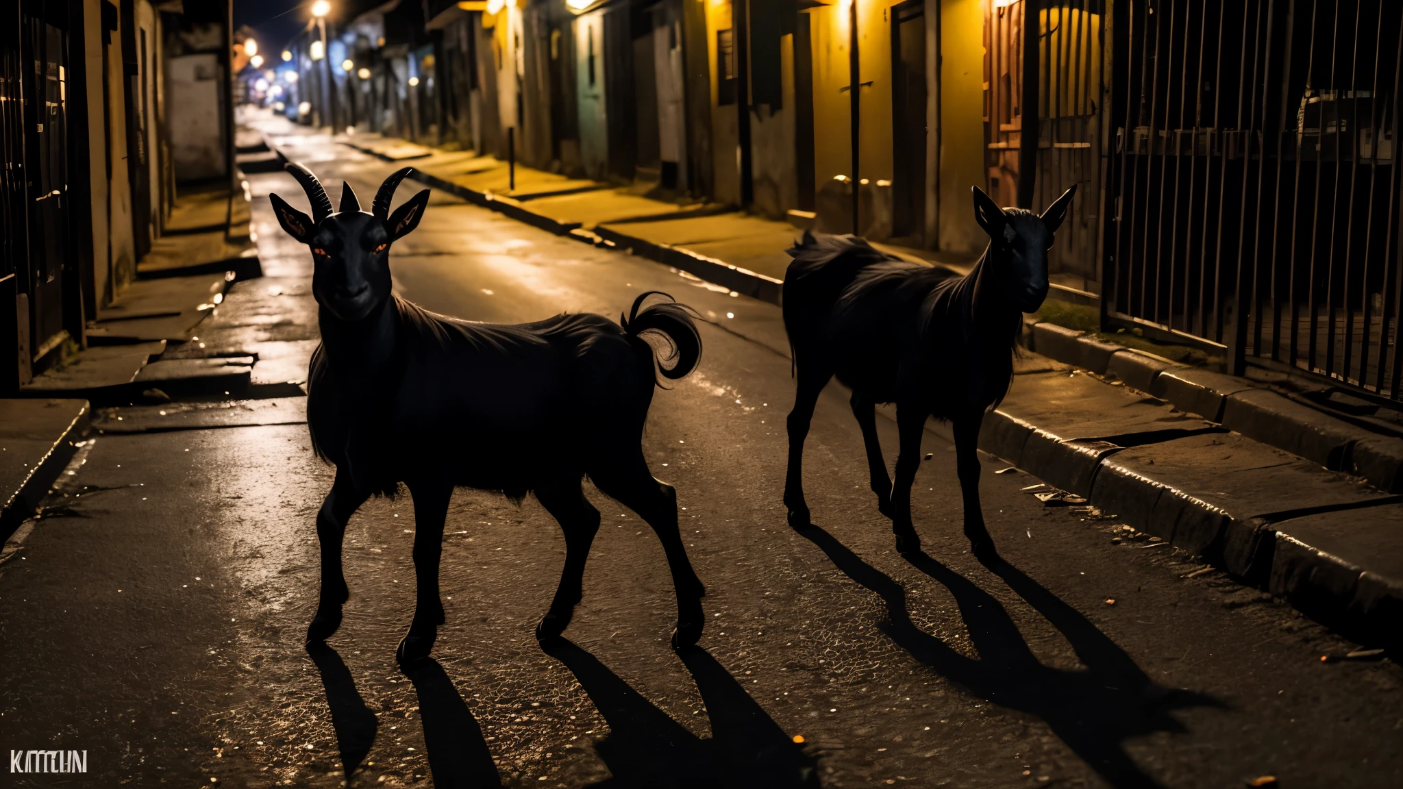 black goat with satanic eyes wandering at night through the streets of the Brazilian backlands.