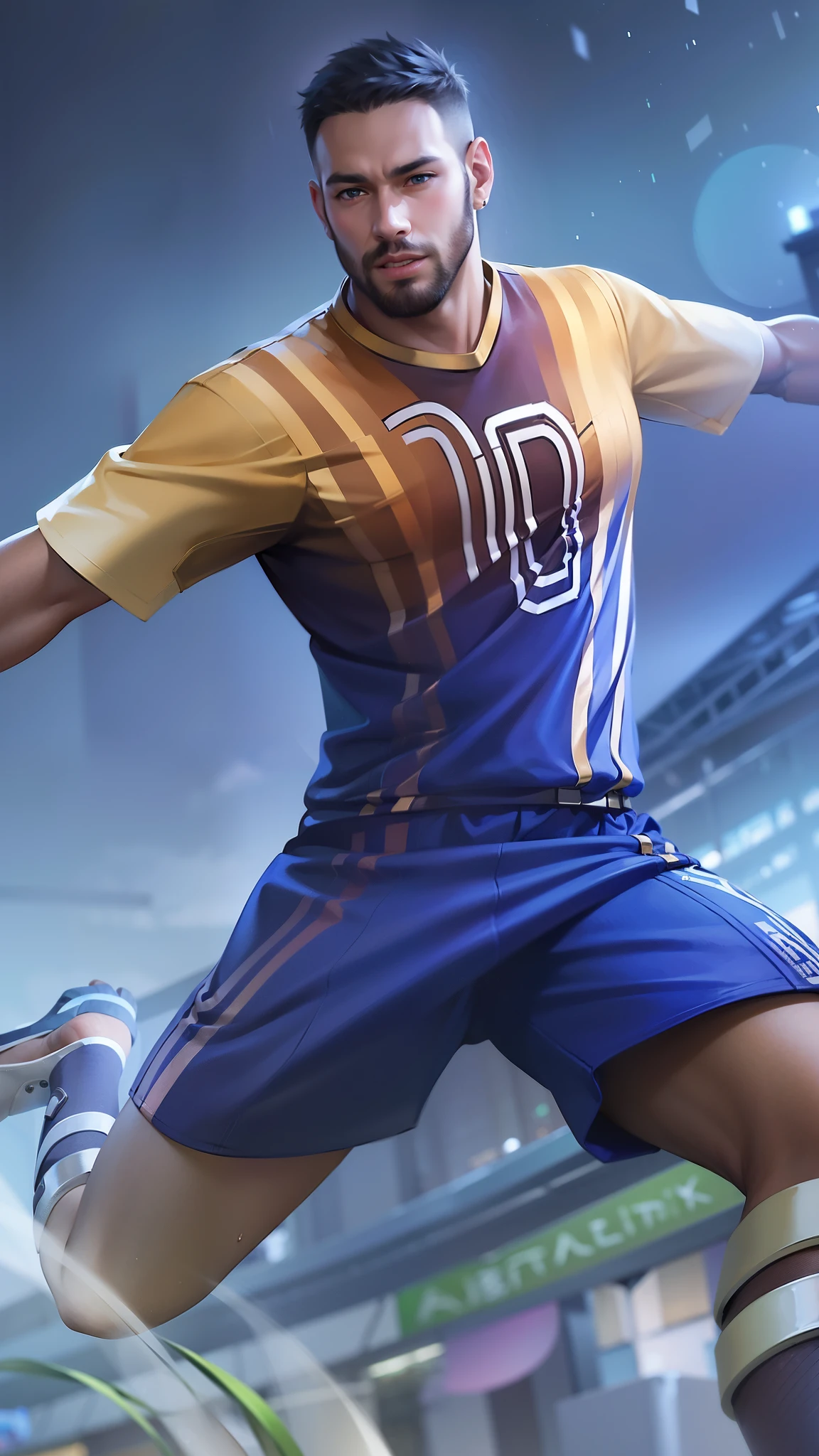 masculine male, masterpiece, ((perfect eyes)) best quality, (semirealism:1.9), beautiful lighting, (extremely detailed CG unity 4k fhd wallpaper), High Detail, Sharp focus, dramatic outdoors, 1 boy ,19 years old, brown short hair, blue eyes, smile